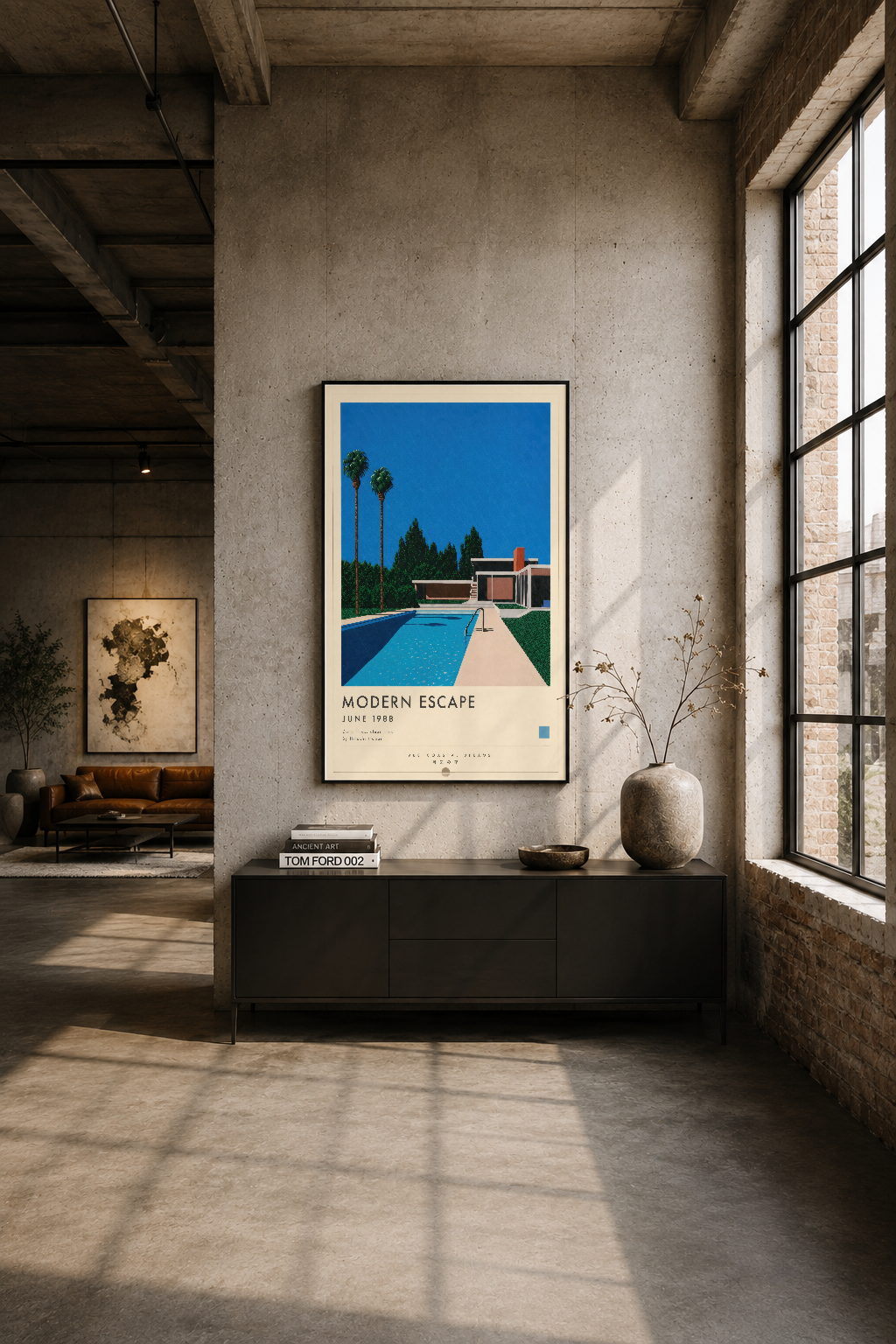 Beton duvarları industryel oturma alanında, siyah çerçeveli Modern Escape posteri asılı.