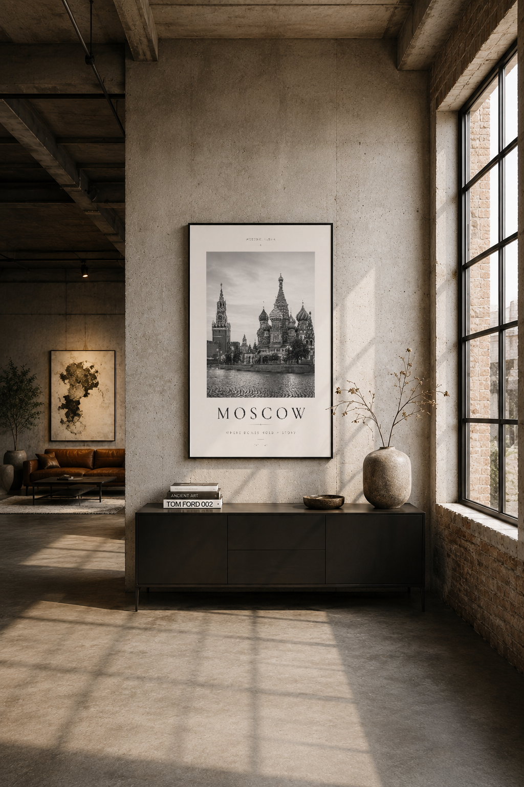 Modern loft ortamında siyah çerçeveli Moskova tablosu, duvar üzerine asılı endüstriyel dekor.