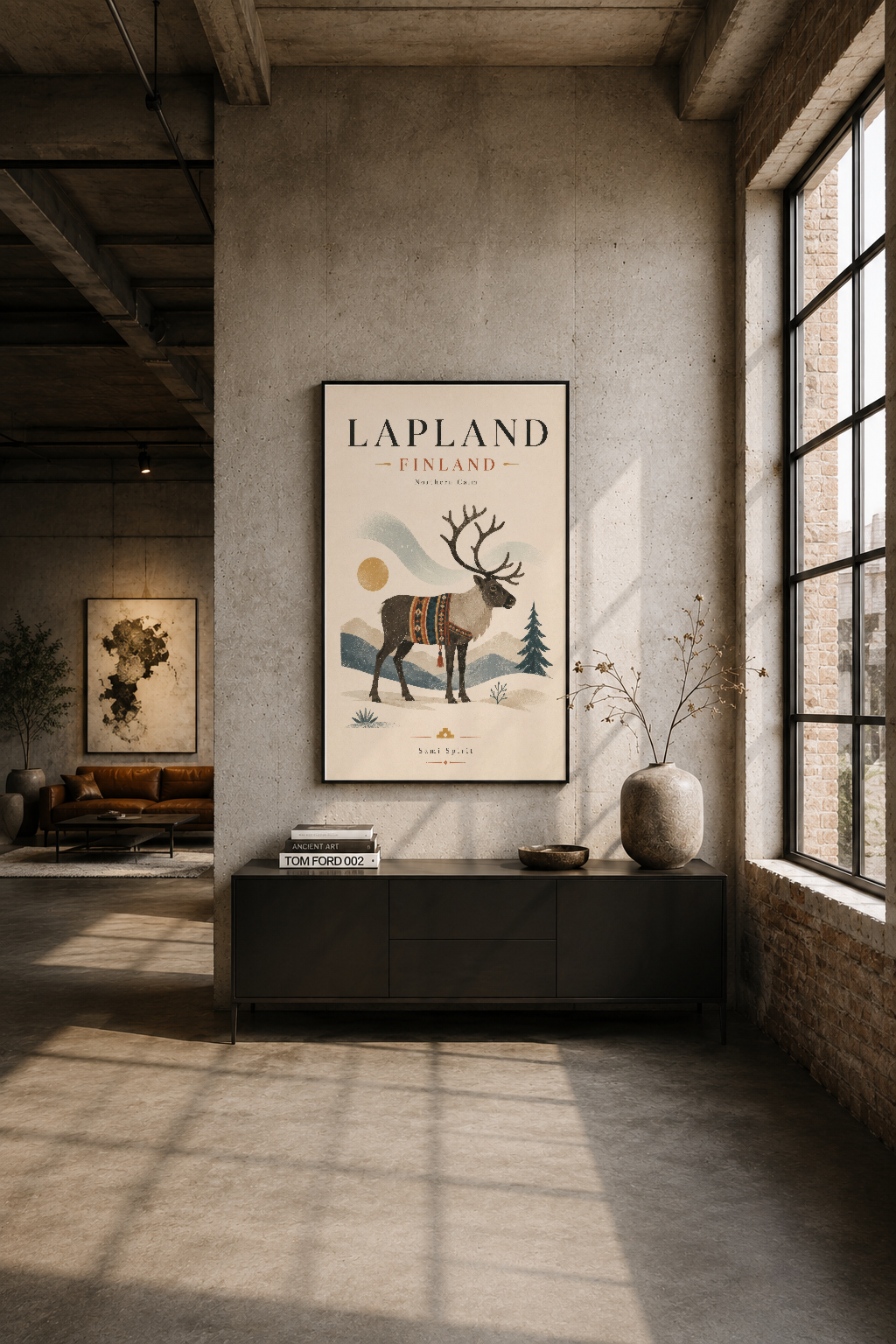 Lapland Finland tablosu, endüstriyel oturma odasının siyah mobilyasının üstünde, büyük siyah çerçevede sergilenmektedir.