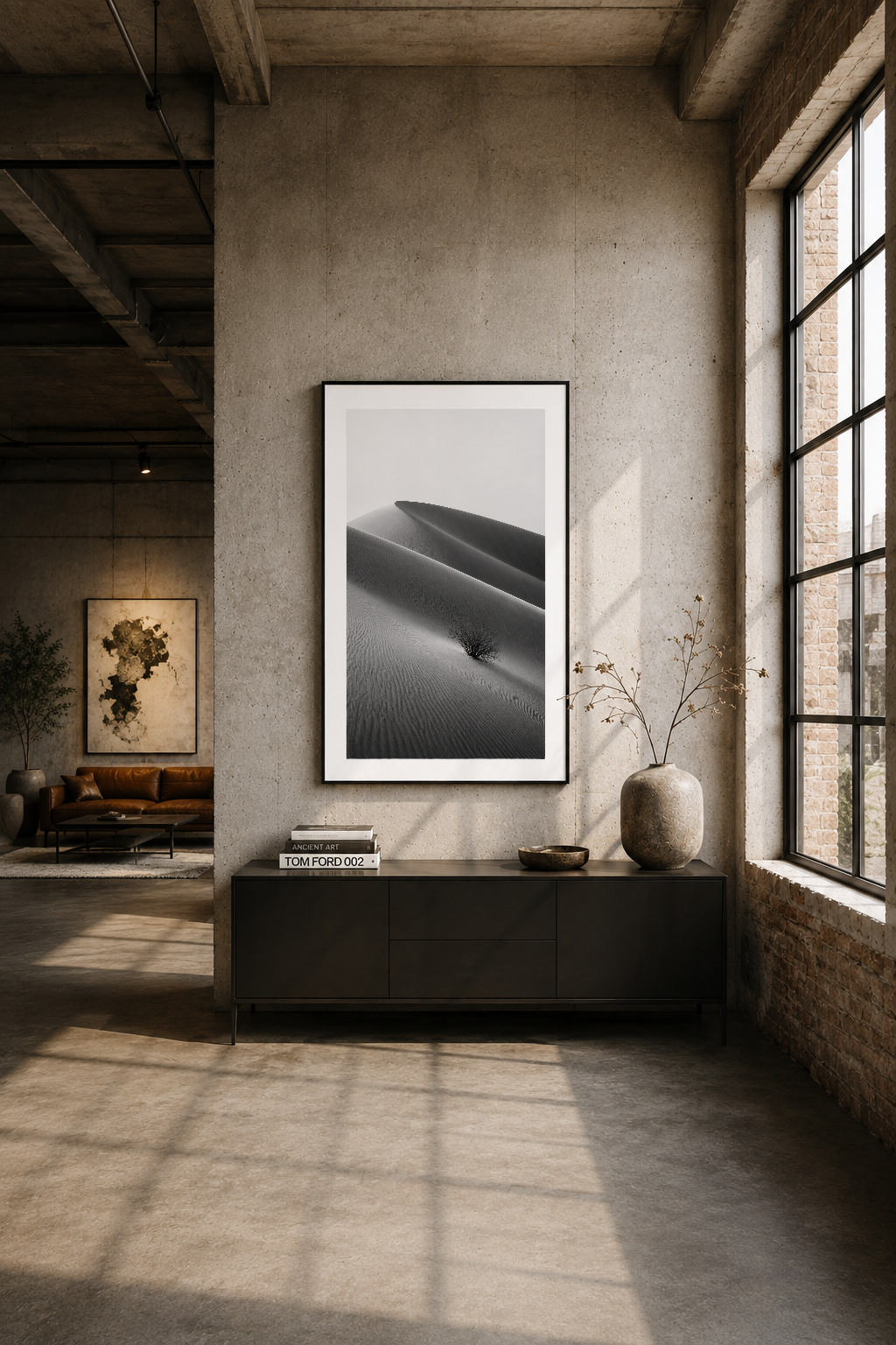 Modern loft oturum alanında, siyah çerçeveli çöl manzarası tablosu duvar sanatı olarak gösterilmiştir