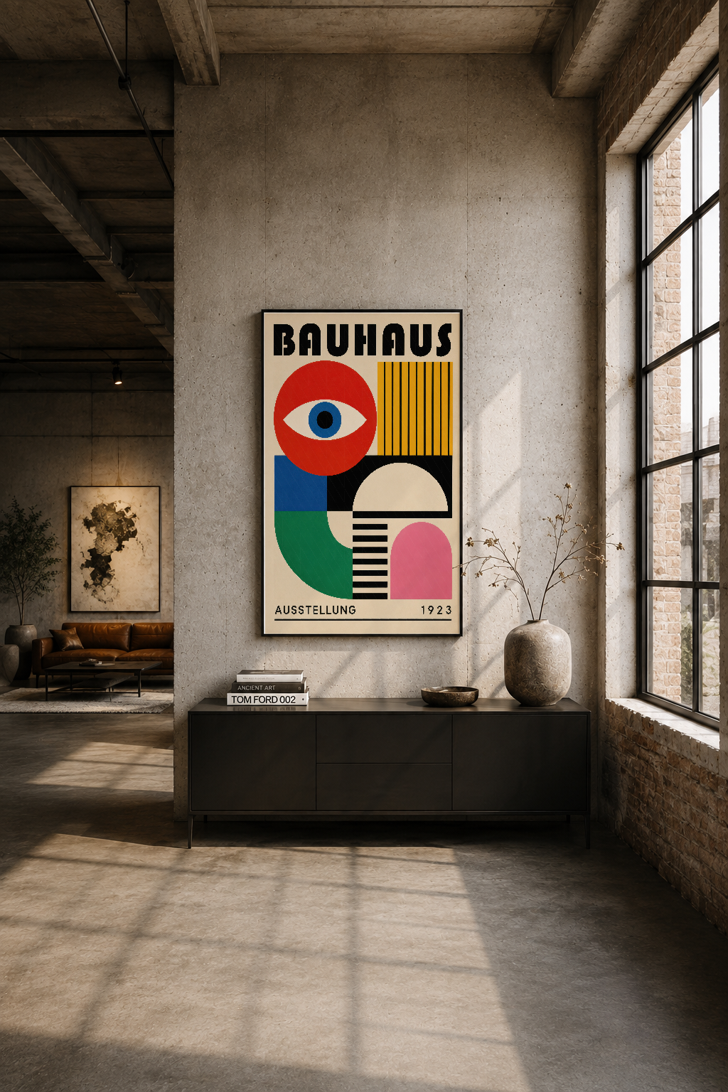Endüstriyel loft odasında, siyah dolabın üstündeki duvarında Bauhaus 1923 tablosu.