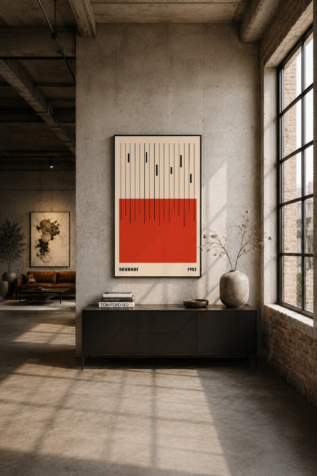 Endüstriyel loftta, siyah mobilya yanında asılı minimalist Bauhaus tablosu modern mekanı tamamlıyor.