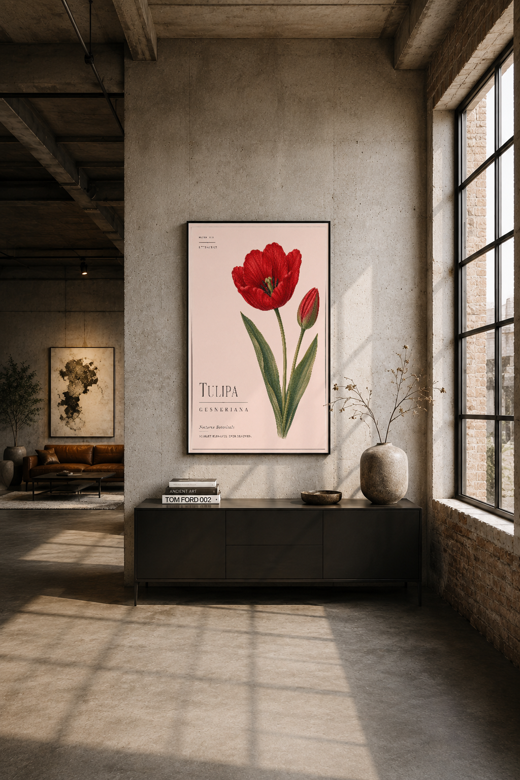 Modern loft tarzı odada, siyah çerçeveli lale tablosu sade dekorun merkez noktası haline gelir.
