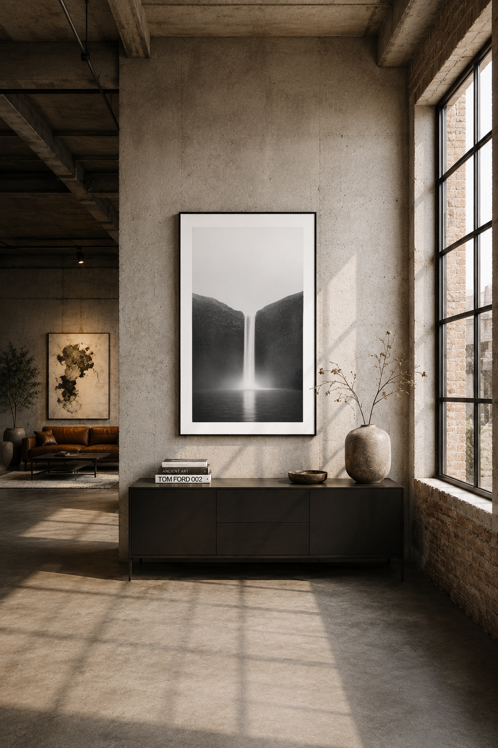 Modern loft alanında duvar tablosu, siyah çerçeveli şelale görseli minimal ve sofistike iç tasarımı tamamlıyor.