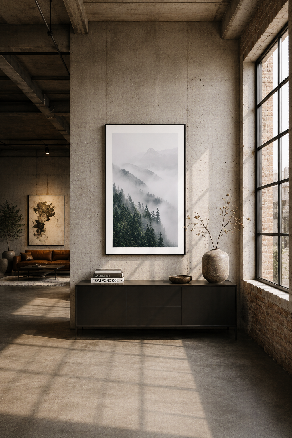 Industrial loft alanında siyah çerçeveli sisli dağ tablosu, betonun karşısında asılı.
