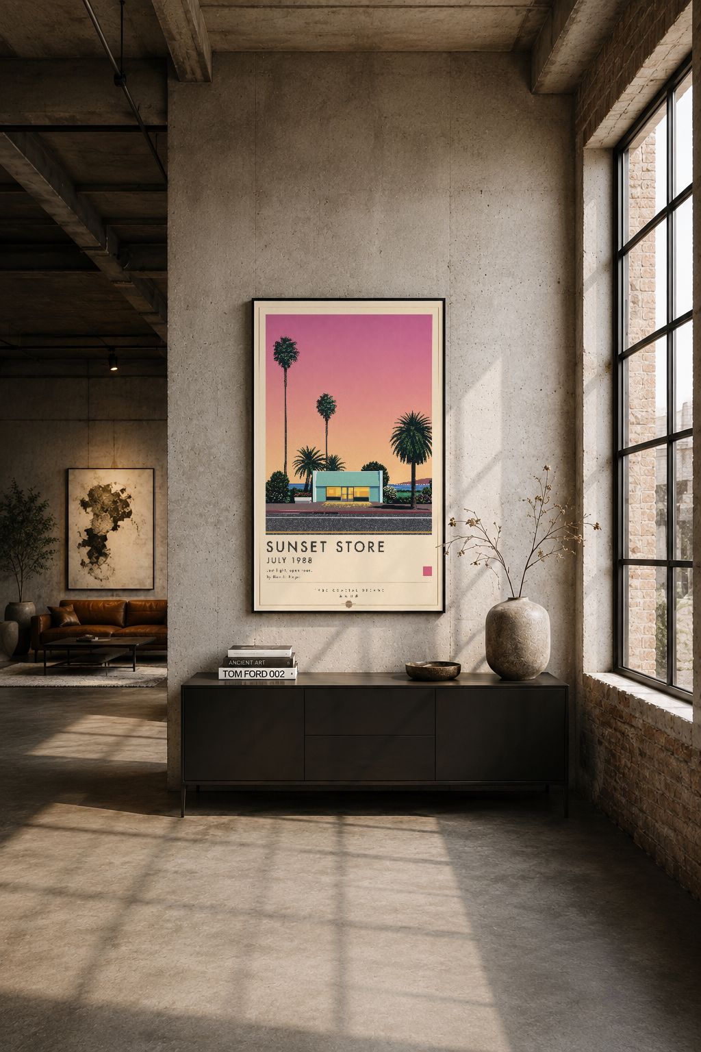 Endüstriyel loft tasarımında siyah çerçeveli Sunset Store tablosu, beton duvar ve geniş pencere karşısında asılı dekoratif
