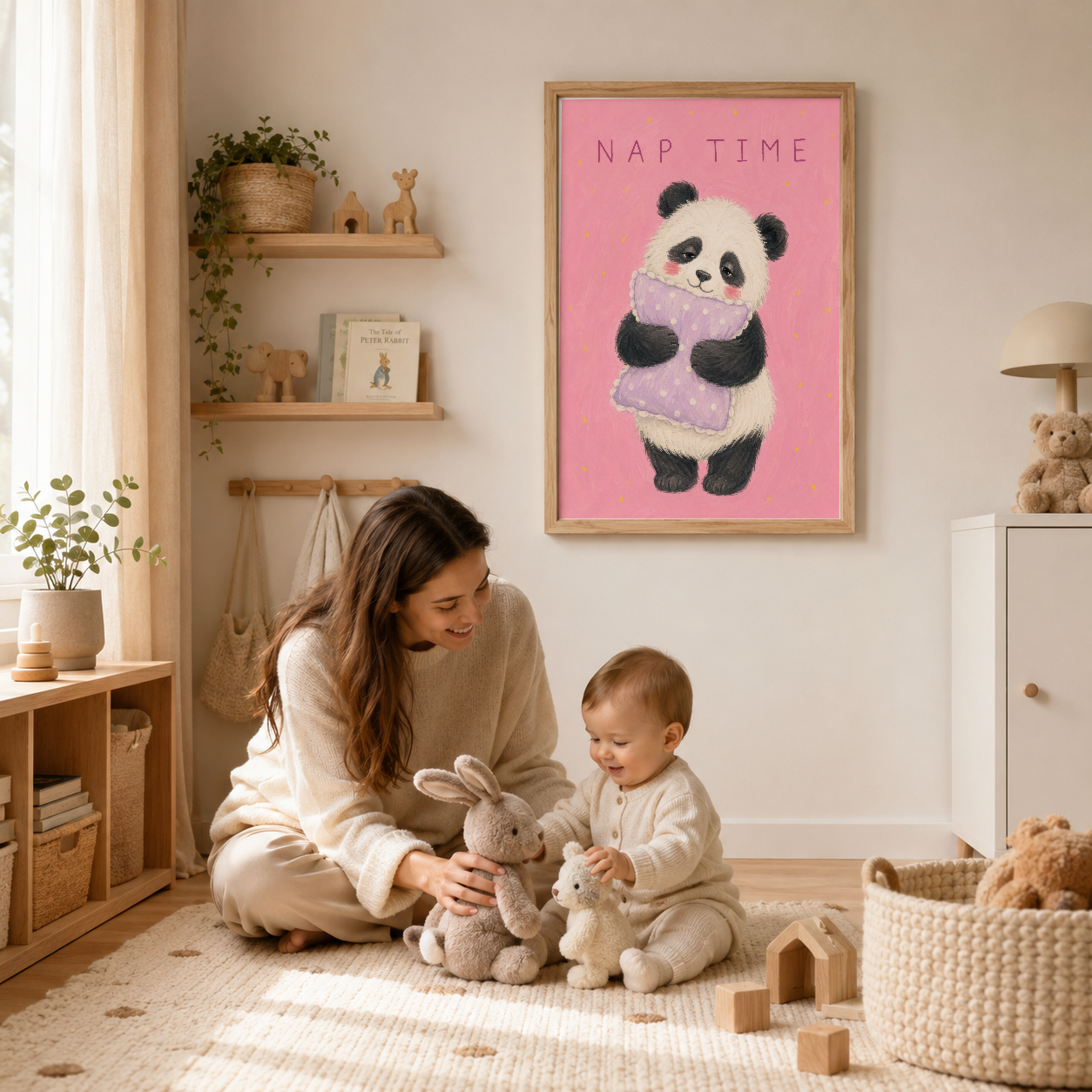 Çocuk oyun odasında ahşap çerçeveli, pembe zemin üzerine panda karakterinin sanat tablosu.