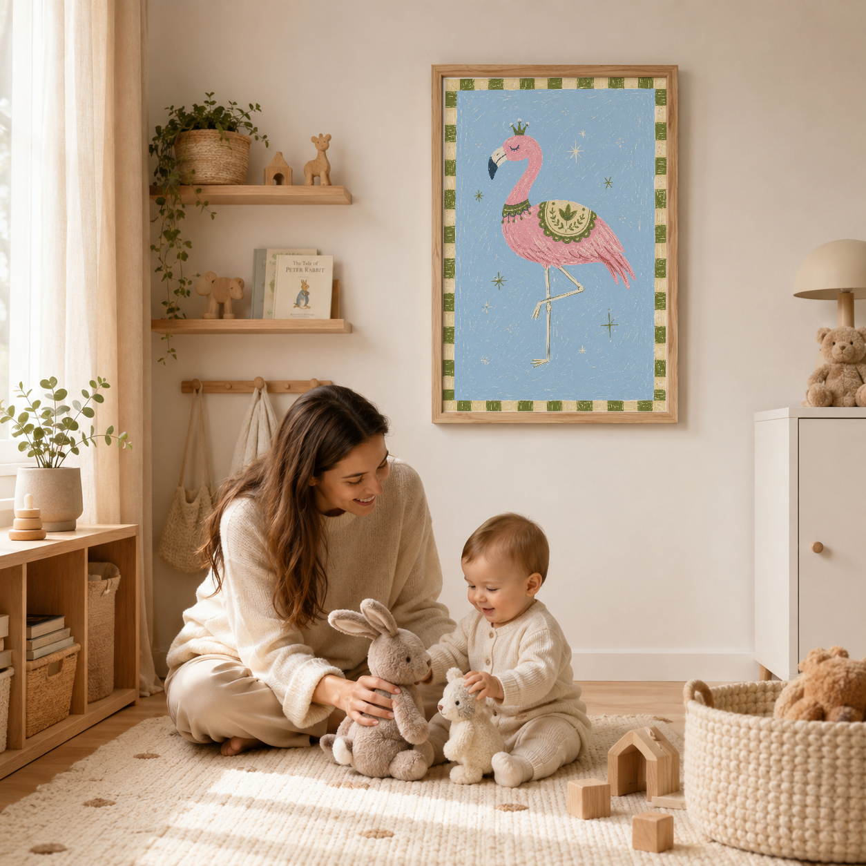 Açık ağaç çerçeveli flamingo tablosu, doğal dekoru ve oyuncaklarıyla bebek odası duvarında sergileniyor.