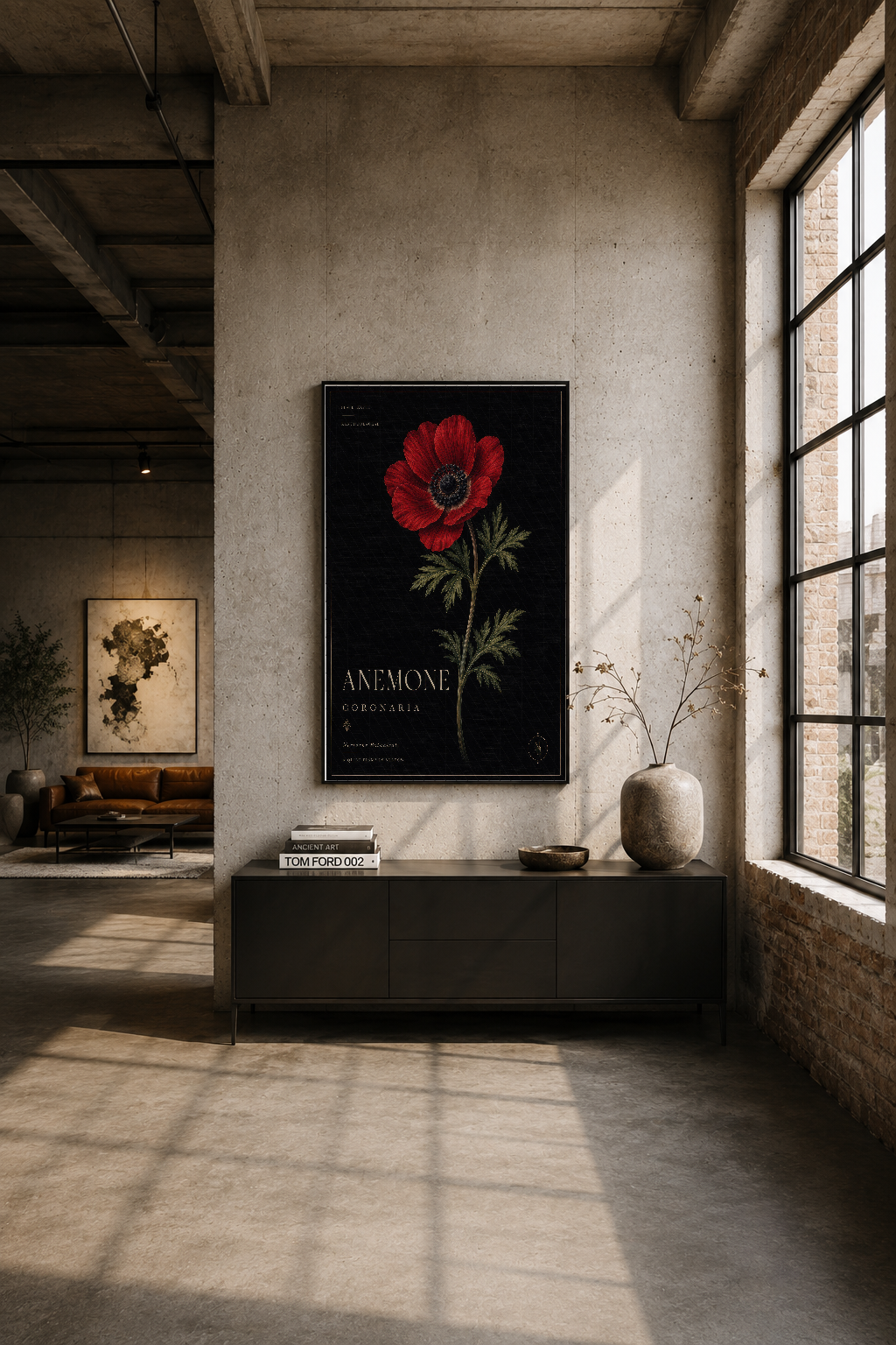 Modern loft tarzı bir odanın betonundan duvar yüzeyine asılan kırmızı anemon tablosu, gün ışığında dramatik görünüm