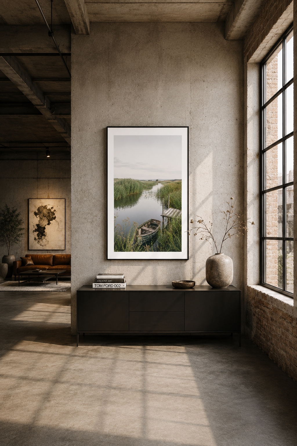 Modern loft'un betonundan duvarına asılı, sakin alan manzara tablosu siyah çerçeveli ve minimalist dizayn.