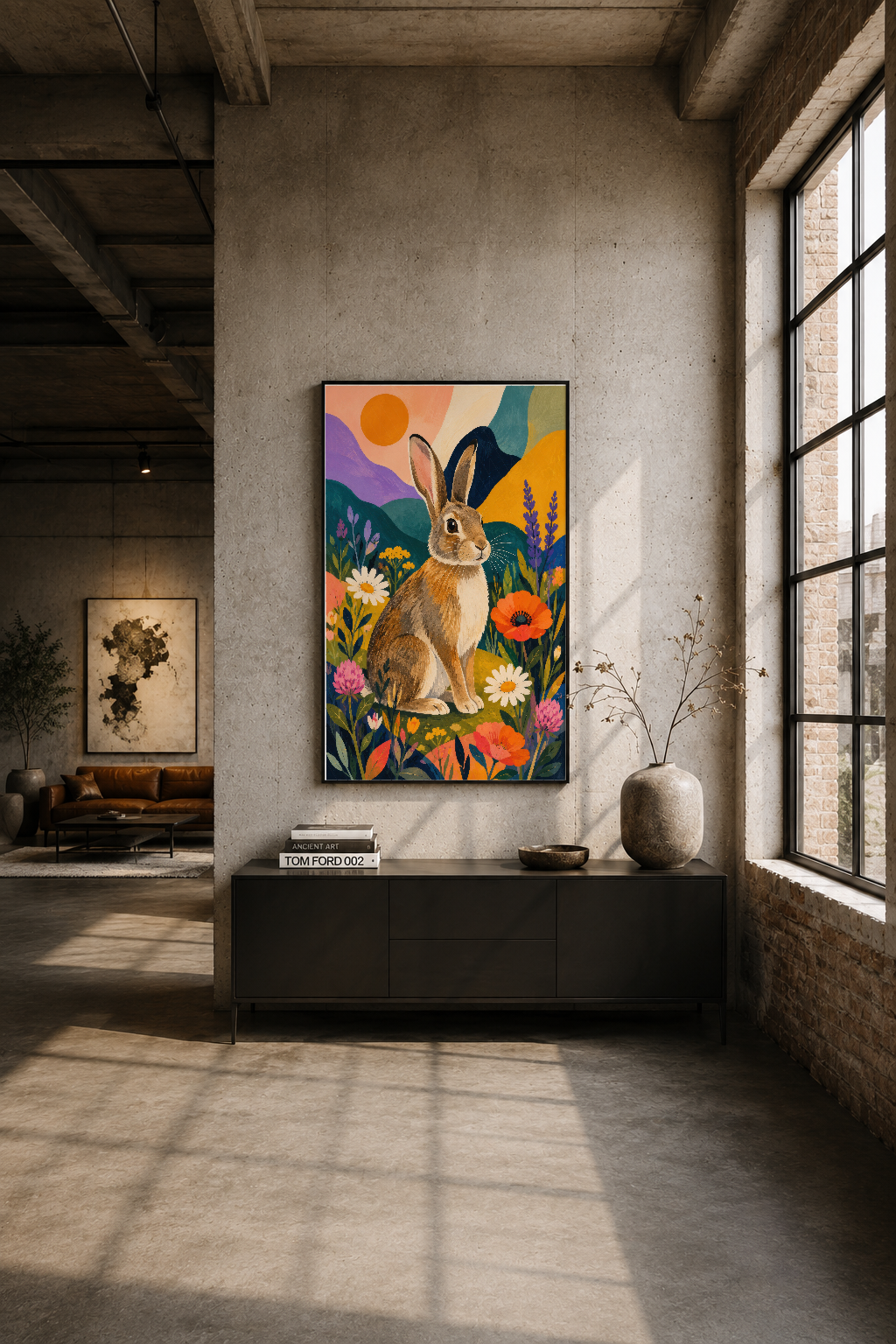 Modern loft dekorunda, siyah çerçeveli tavşan ve wildflower tablosunun minimal konsol üzerindeki gösterimi.