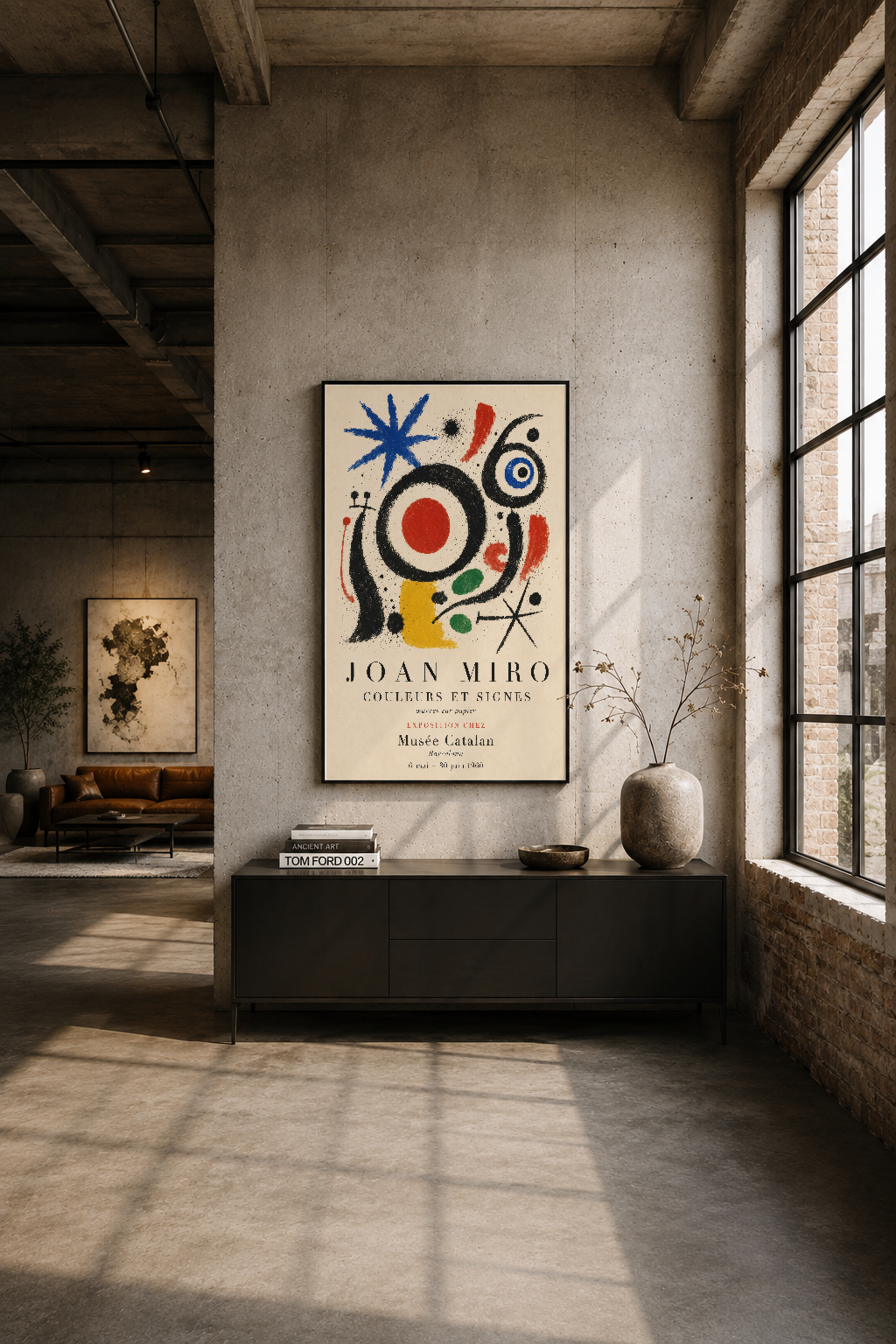 Endüstriyel oturma alanında, siyah çerçeveli Miró tablosu beton duvarı sanat eseriyle vurgular.