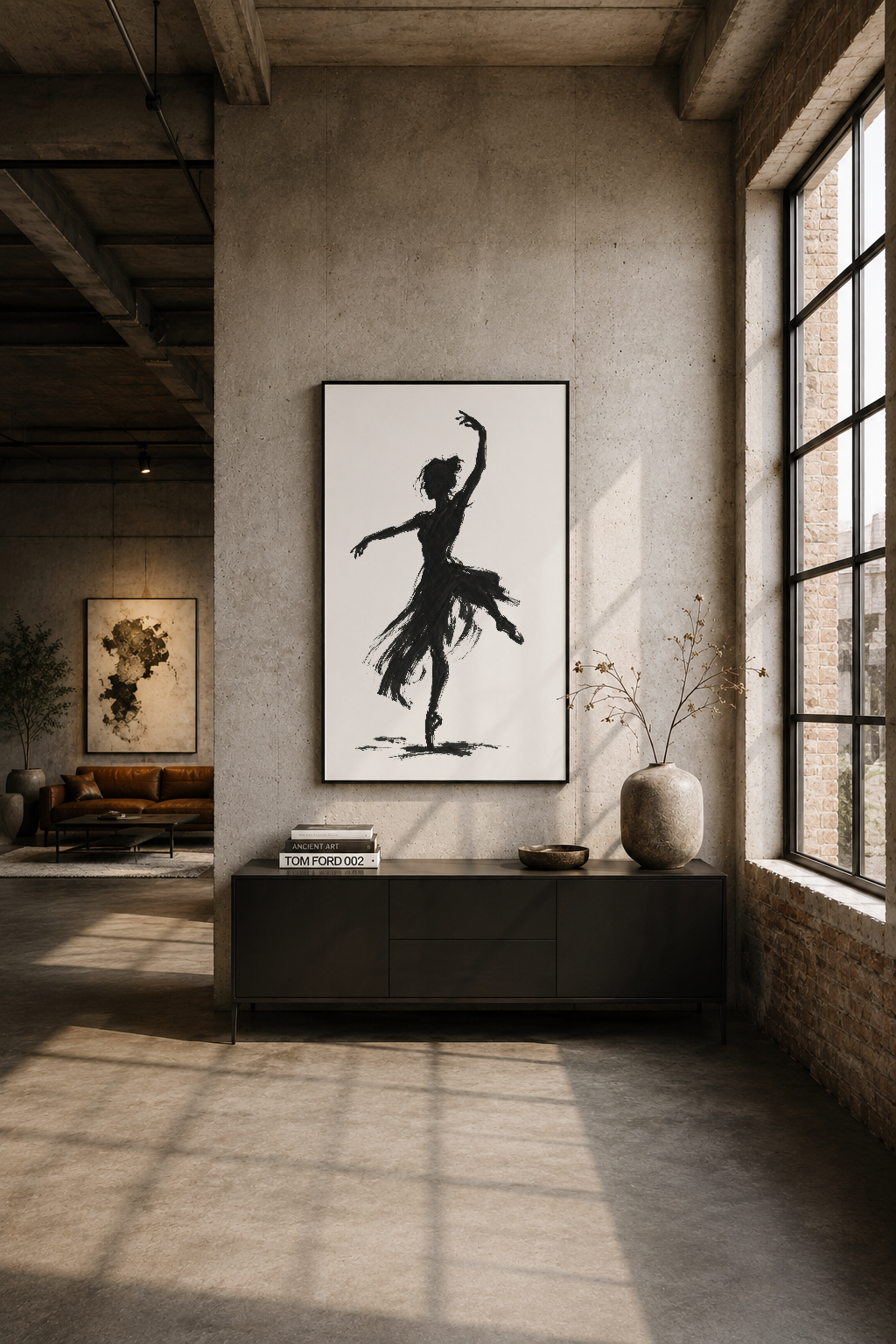 Modern loft alanında siyah çerçeveli balerin silueti tablosu, endüstriyel stil dekorasyonu.