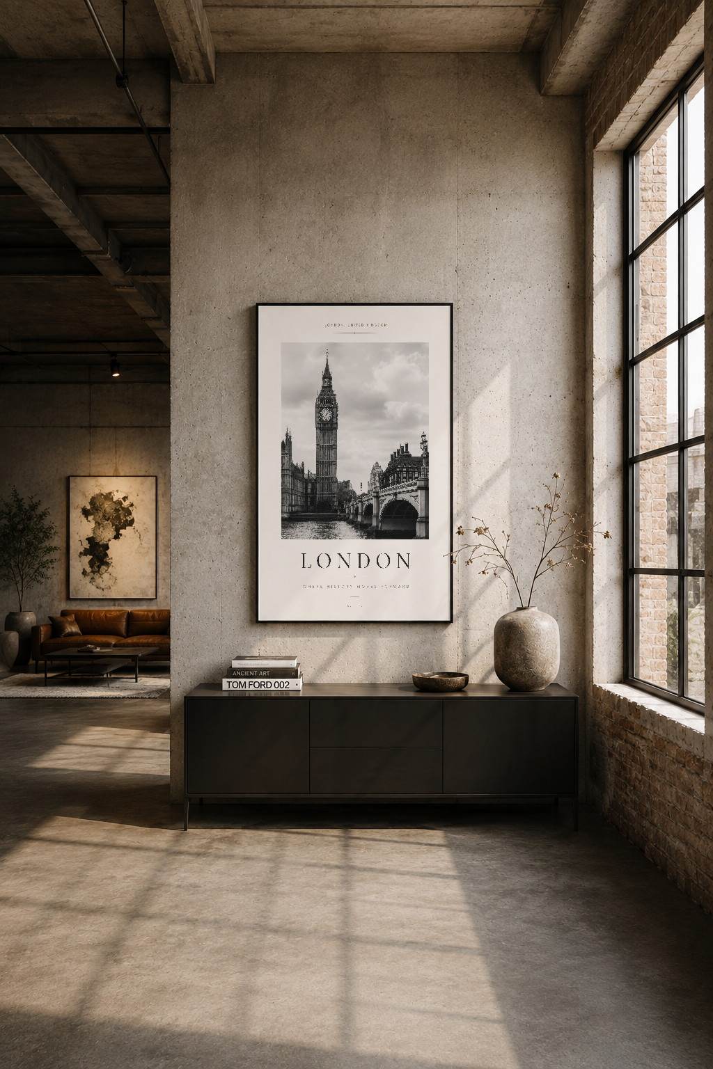 Industrial chic loft alanında, betondan duvara asılı Black Frame içinde London posteri.