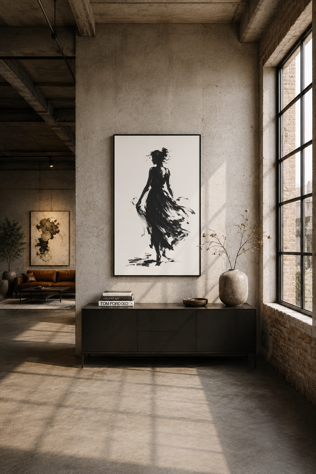 Modern loft mekanında betonlu duvara asılı, siyah çerçeveli kadın silueti tablosu.
