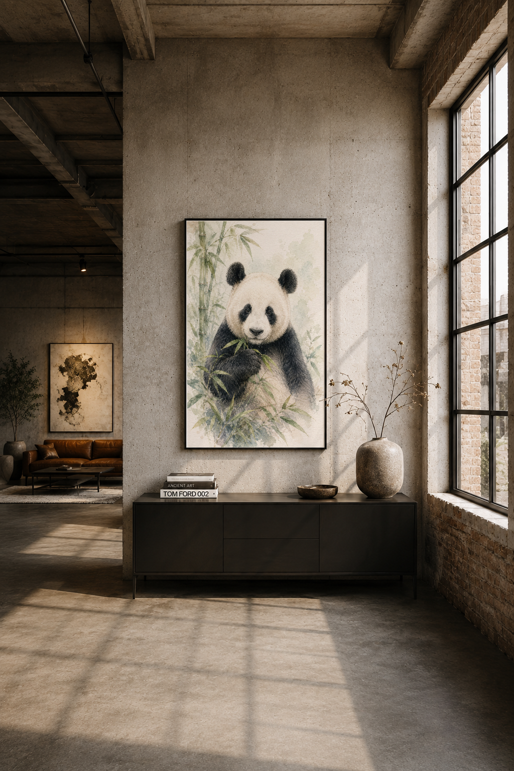 Endustriyel loft oturma alanında, siyah çerçeveli panda tablosu duvar dekoru