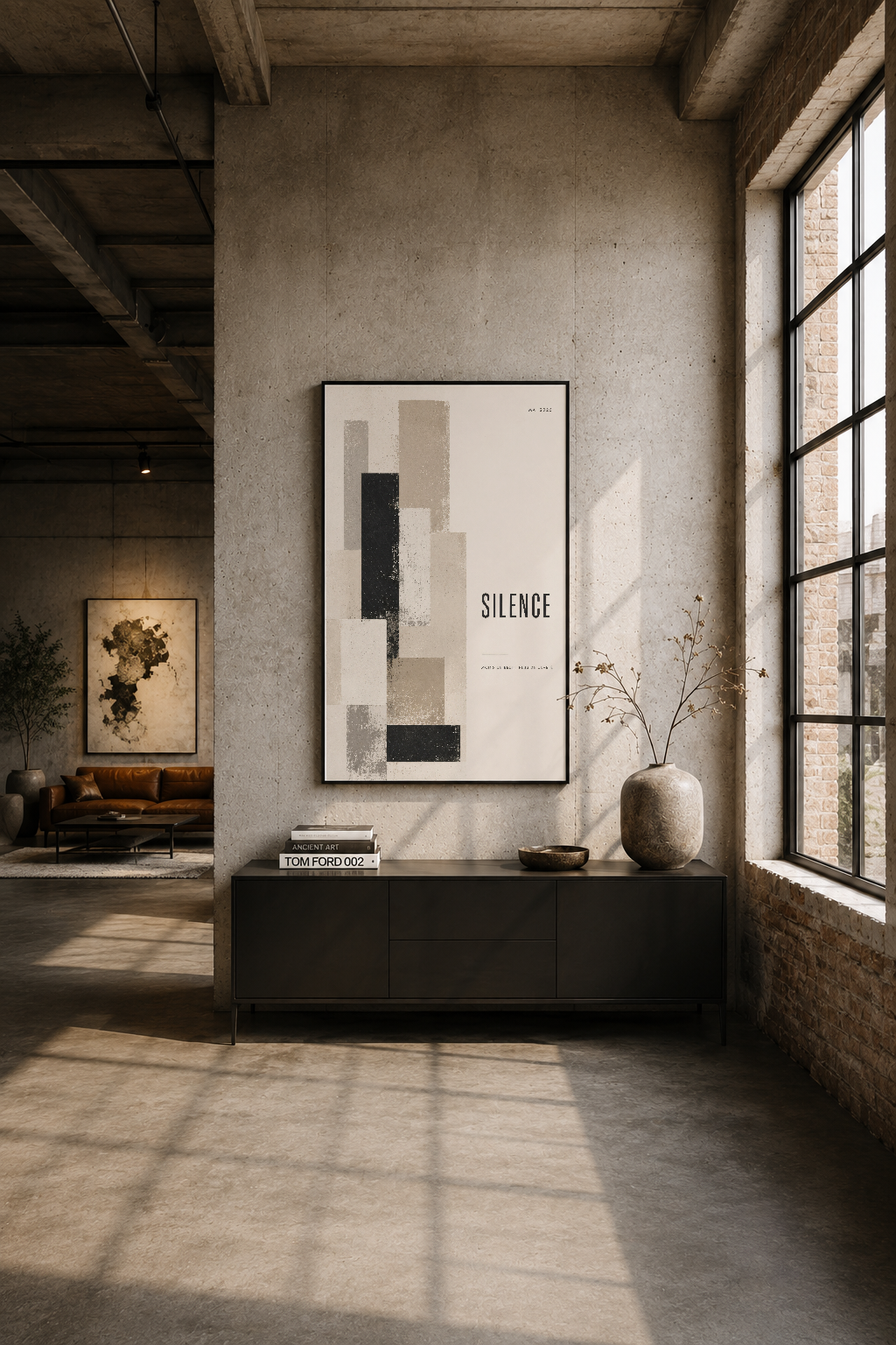 Modern endüstriyel loft ortamında siyah çerçeveli poster, minimal dekorasyonla minimalist yaşam tarzını yansıtıyor.