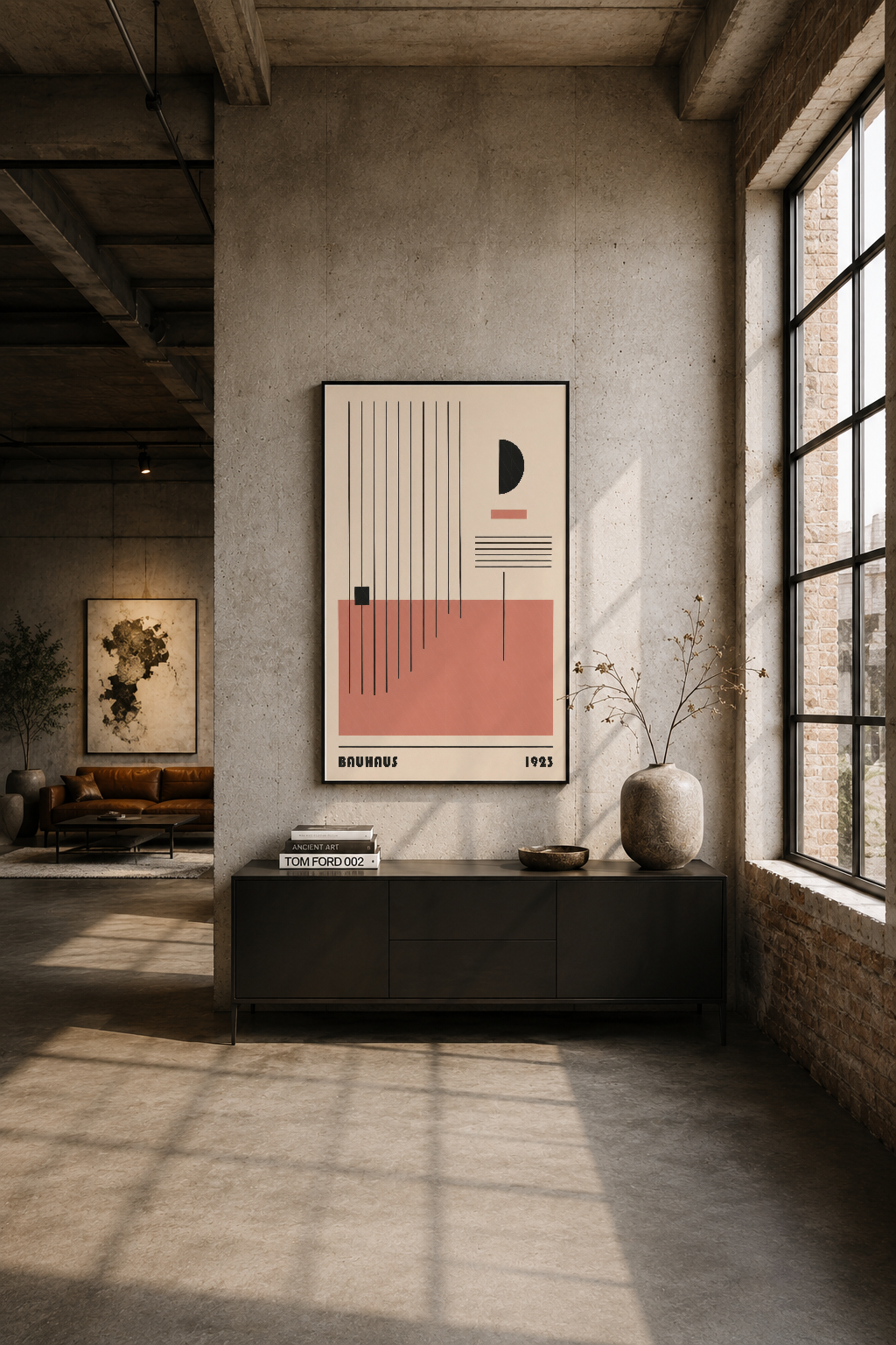 Endüstriyel loft ortamında, beton duvarda siyah çerçeveli Bauhaus tablosu sergileniyor.
