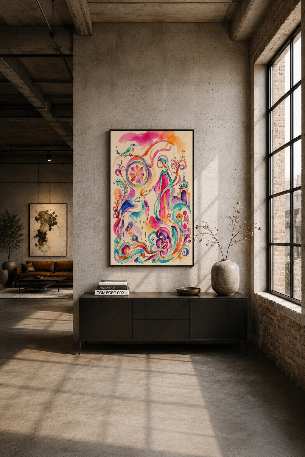 Modern endüstriyel loft ortamında, duvarın merkez noktasında siyah çerçeveli renkli sanat tablosu.