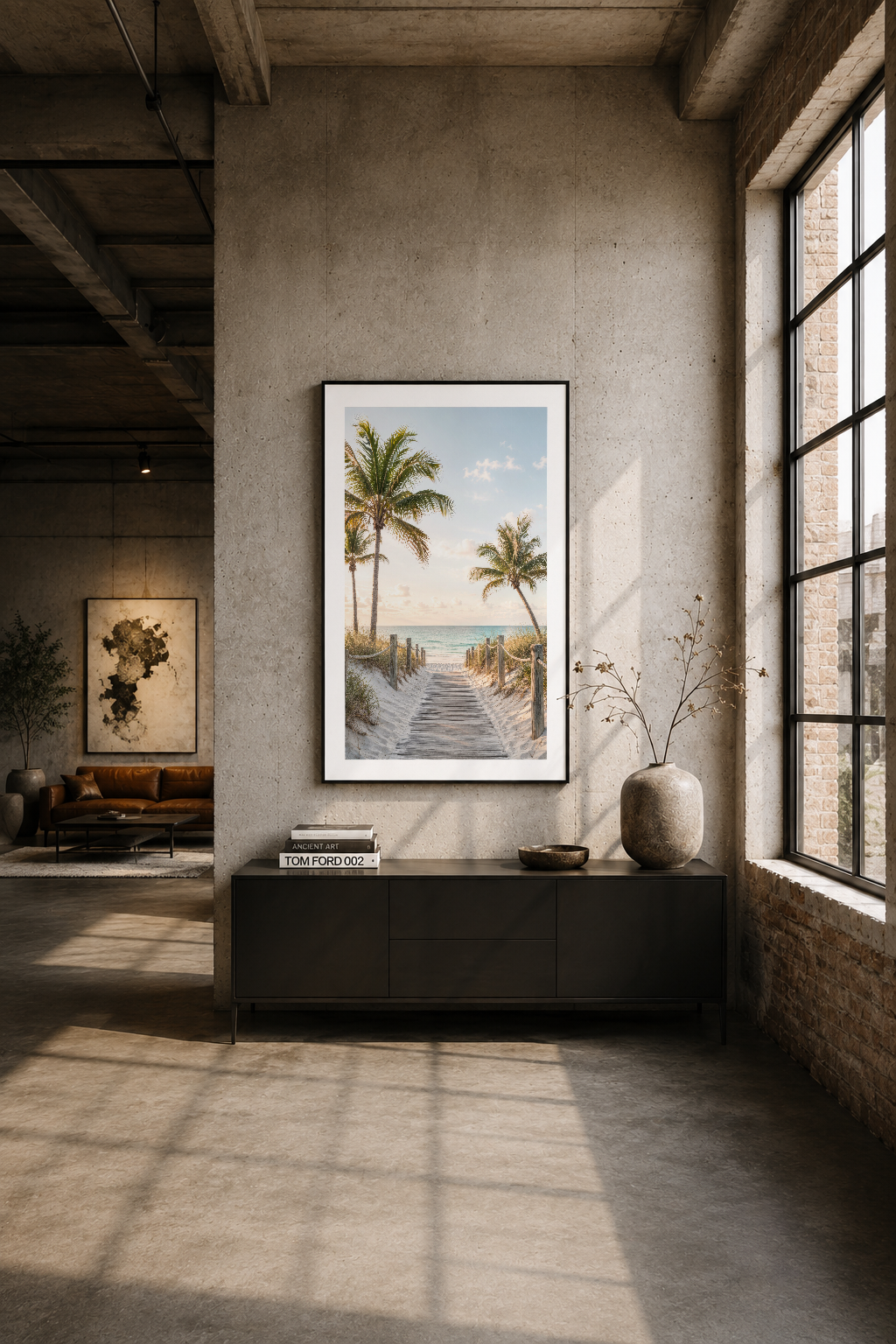 Modern loft alanında siyah çerçeveli sahil manzarası tablosu, şık iç dekorasyon aksesuarıyla.