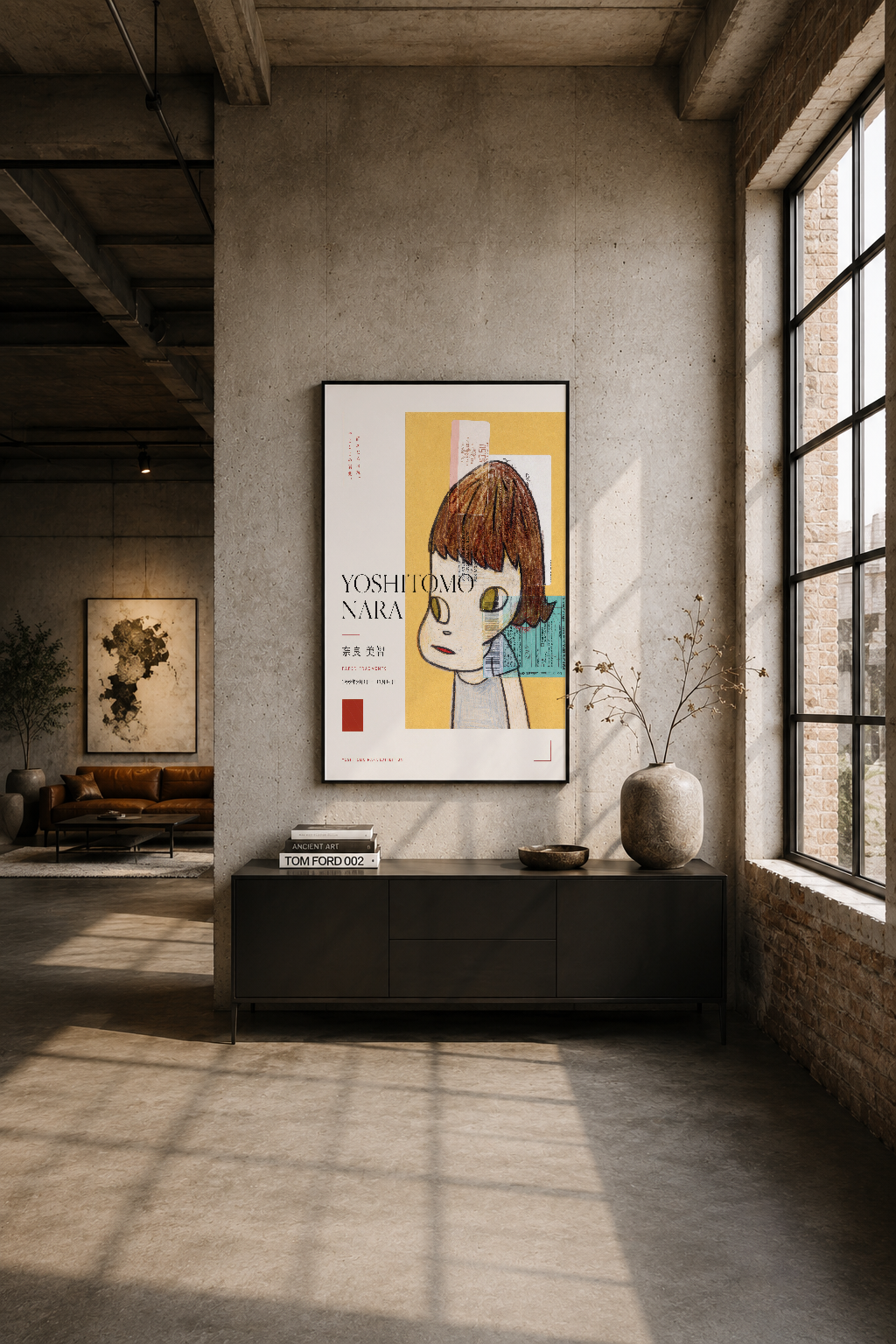 Loft tarzı betonun duvarında, siyah çerçeveli Yoshitomo Nara posterinin sanatsal etki yarattığı görülüyor.