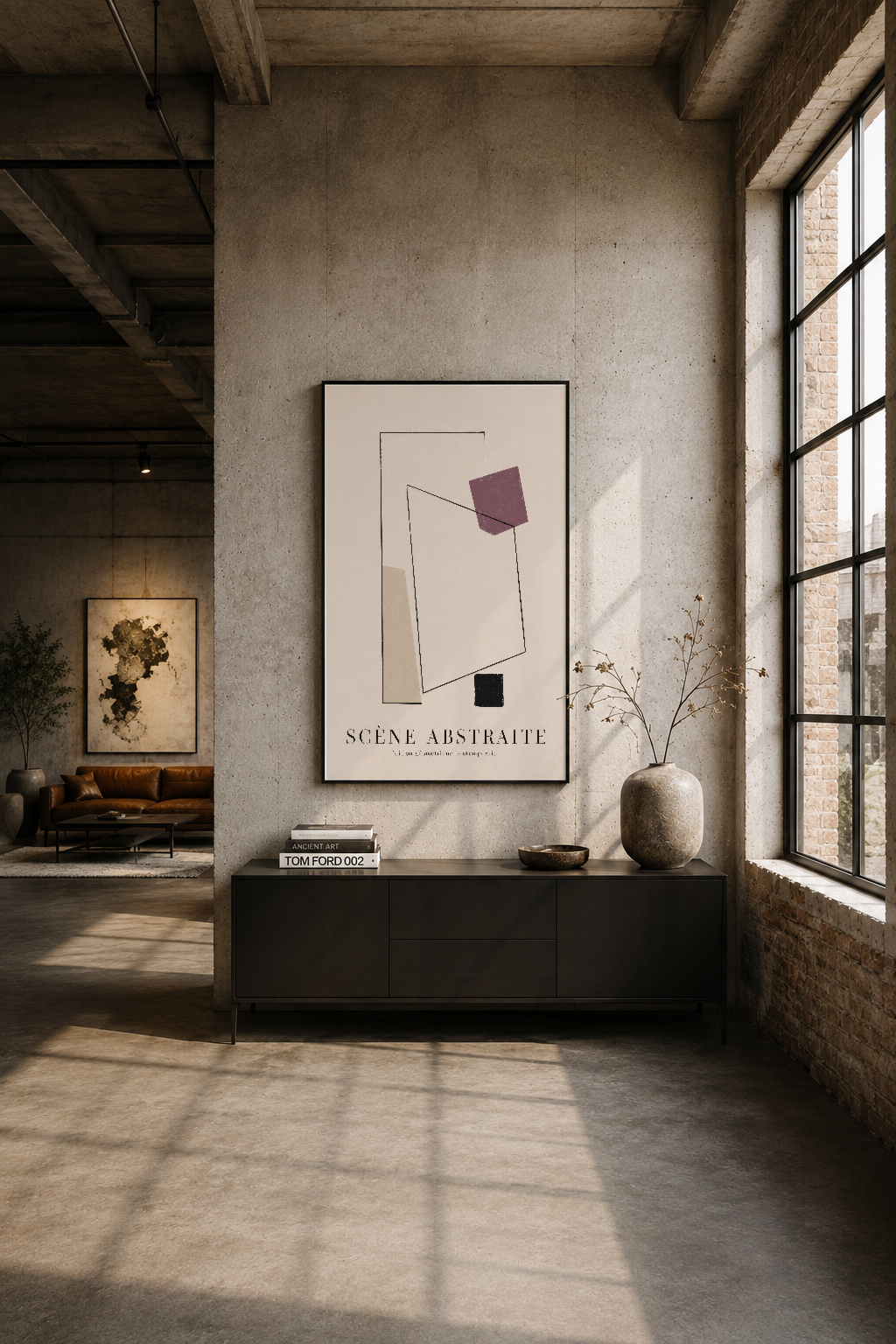 Industrial loft ortamında, duvarın üzerinde soyut geometrik tasarımlı framed poster.