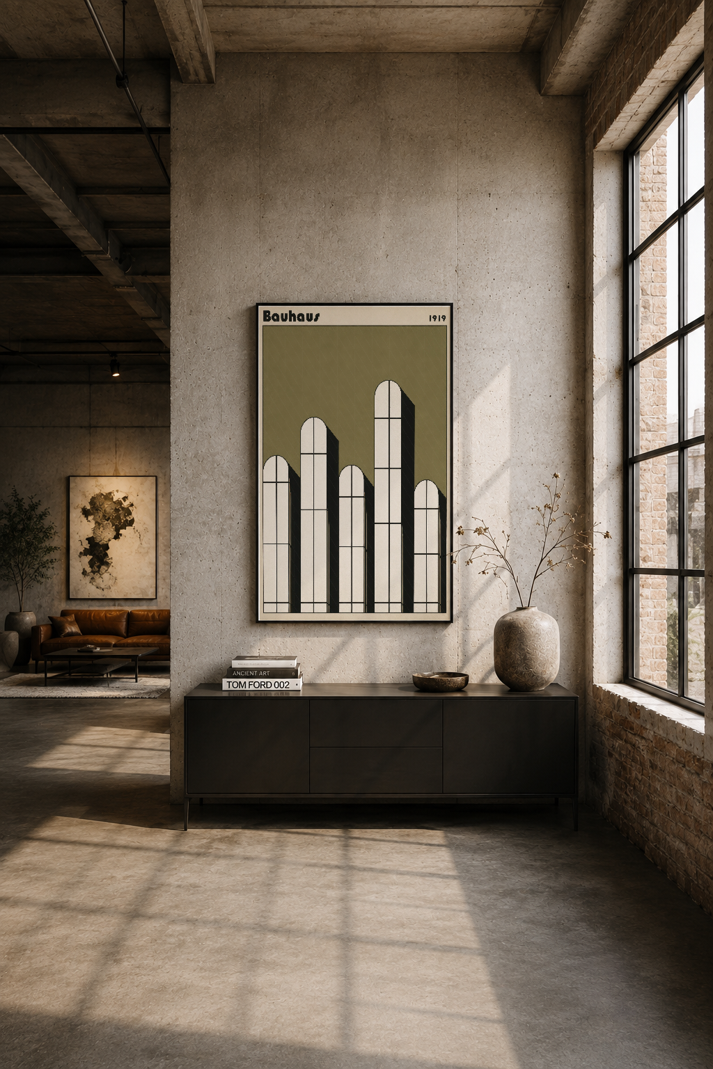 Modern loft ortamında, siyah çerçeveli Bauhaus 1919 tablosu, minimal betonlu duvar dekorasyonu
