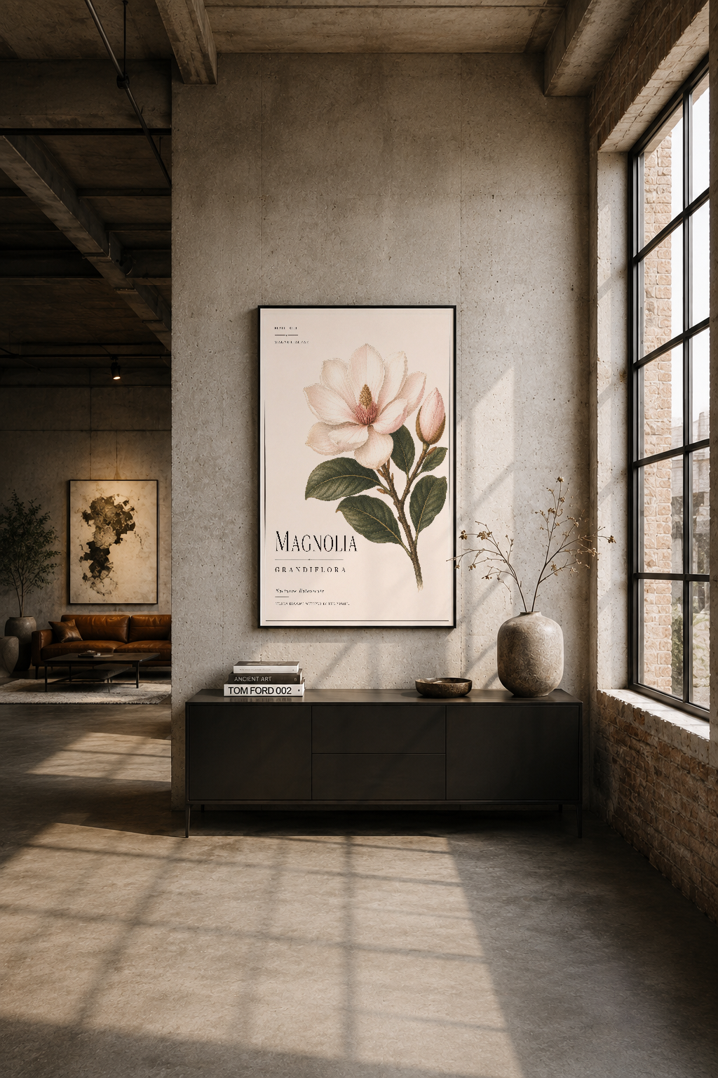Industrial bir mekanın betona karşı, magnolia tablosu minimalist ve sofistike bir dekorasyon merkezi.