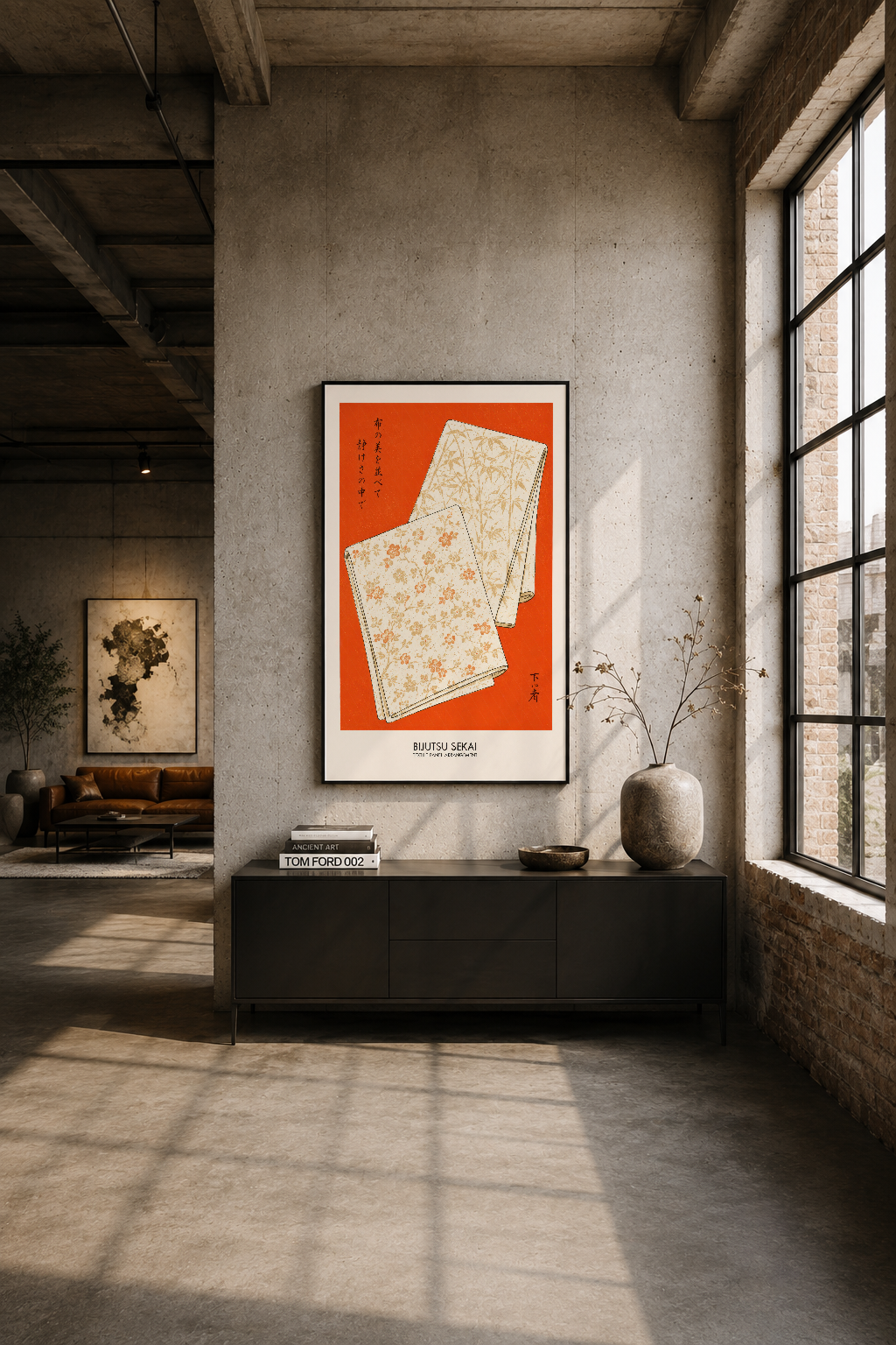 Endüstriyel loft atmosferide, beton duvara asılı turuncu poster, sade dekorasyonu canlı bir renk aksantuyla tamamlıyor.