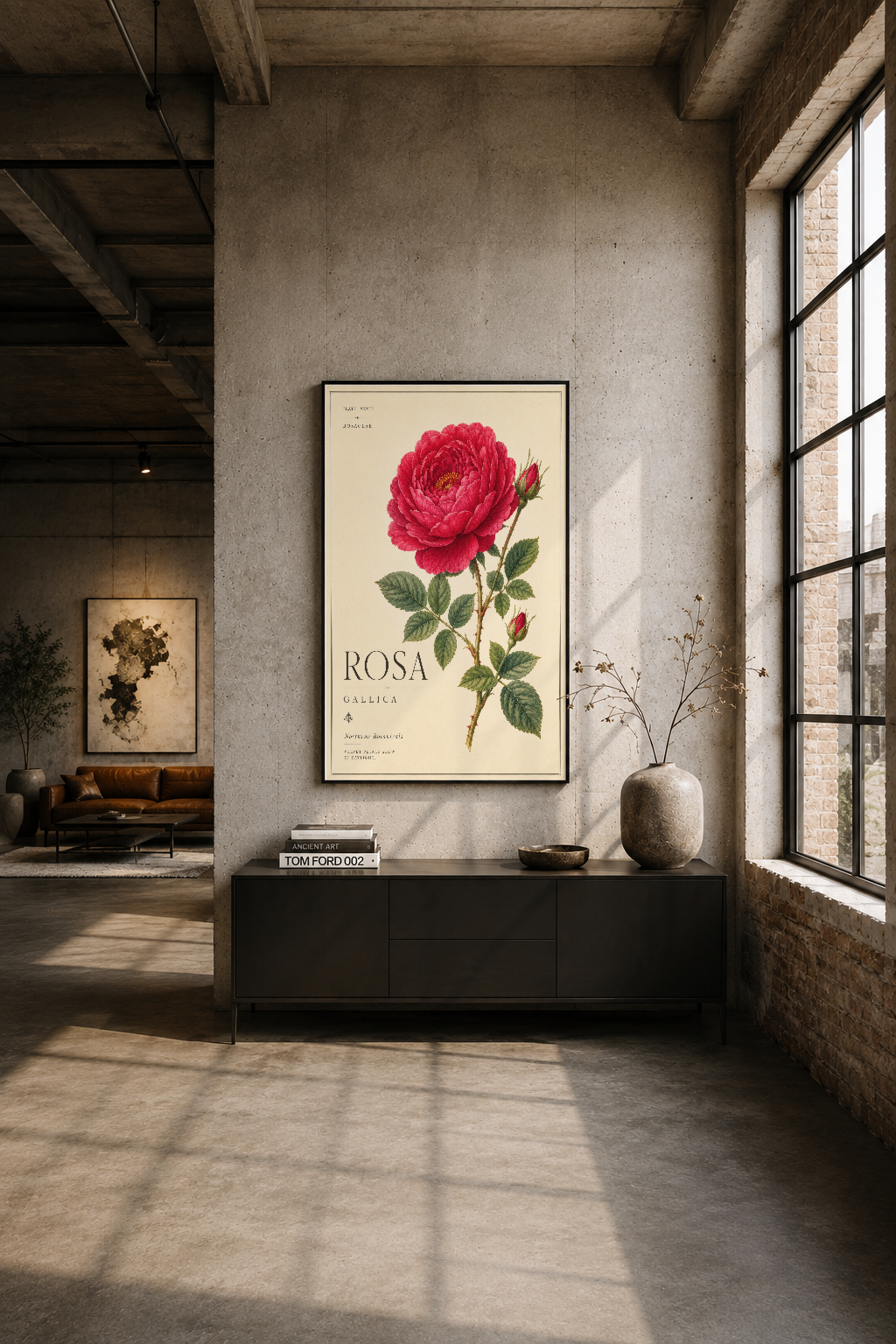 Endüstriyel loft ortamında siyah çerçeveli gül tablosu, beton duvar üzerinde sanat sergisi.