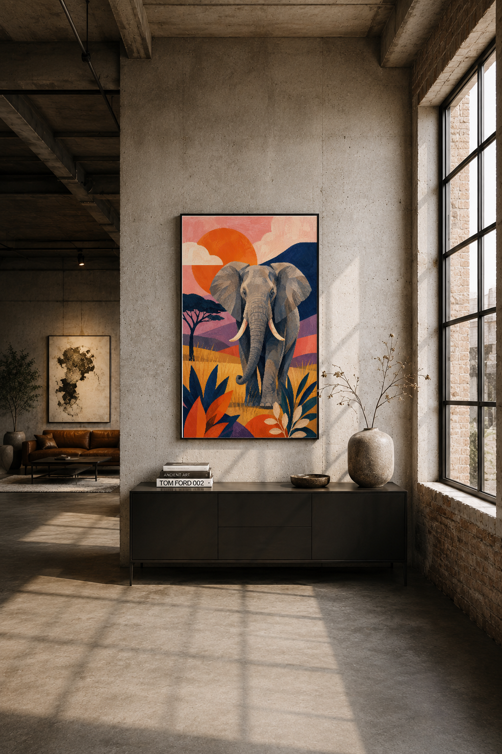 Industrial loft stilinde gri duvar, siyah çerçeveli fil tablosu pencere yanında sade minimalist dekorasyon.