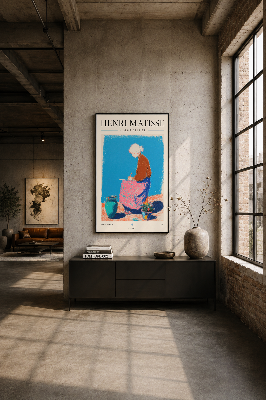 Matisse posteri siyah çerçevede endüstriyel loft duvarında, doğal ışık ve minimalist mekanın içinde