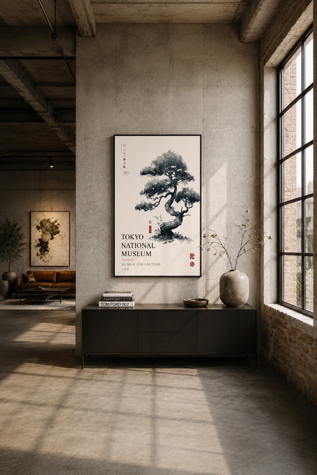 Modern endüstriyel alanda, beyaz duvarın üzerine asılan Japon bonsai sanat tablosu minimalist estetik yaratıyor.