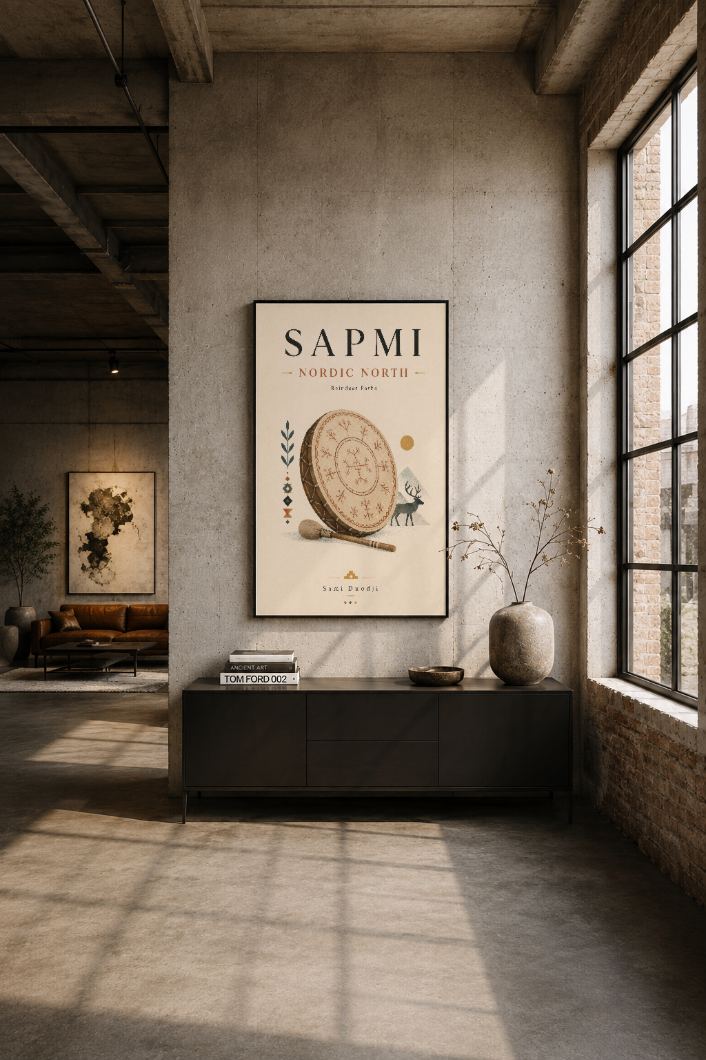Industrial loft tarzı odada, siyah çerçeveli Sapmi tablosu duvarı vurguluyor
