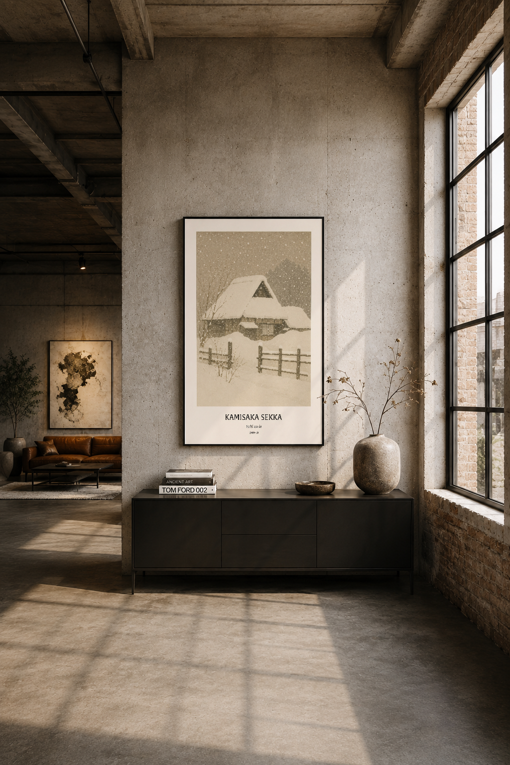Endüstriyel loft ortamında, siyah çerçeveli şık poster, beton duvara karşı minimalist dekor aksesuarları ile.