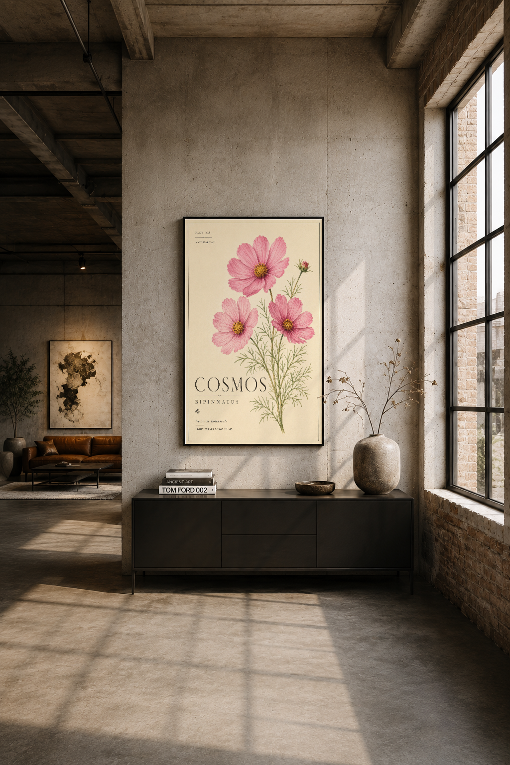 Cosmos tablosu siyah çerçevede, endüstriyel loft stilinde beton duvar ve geniş pencereye karşı