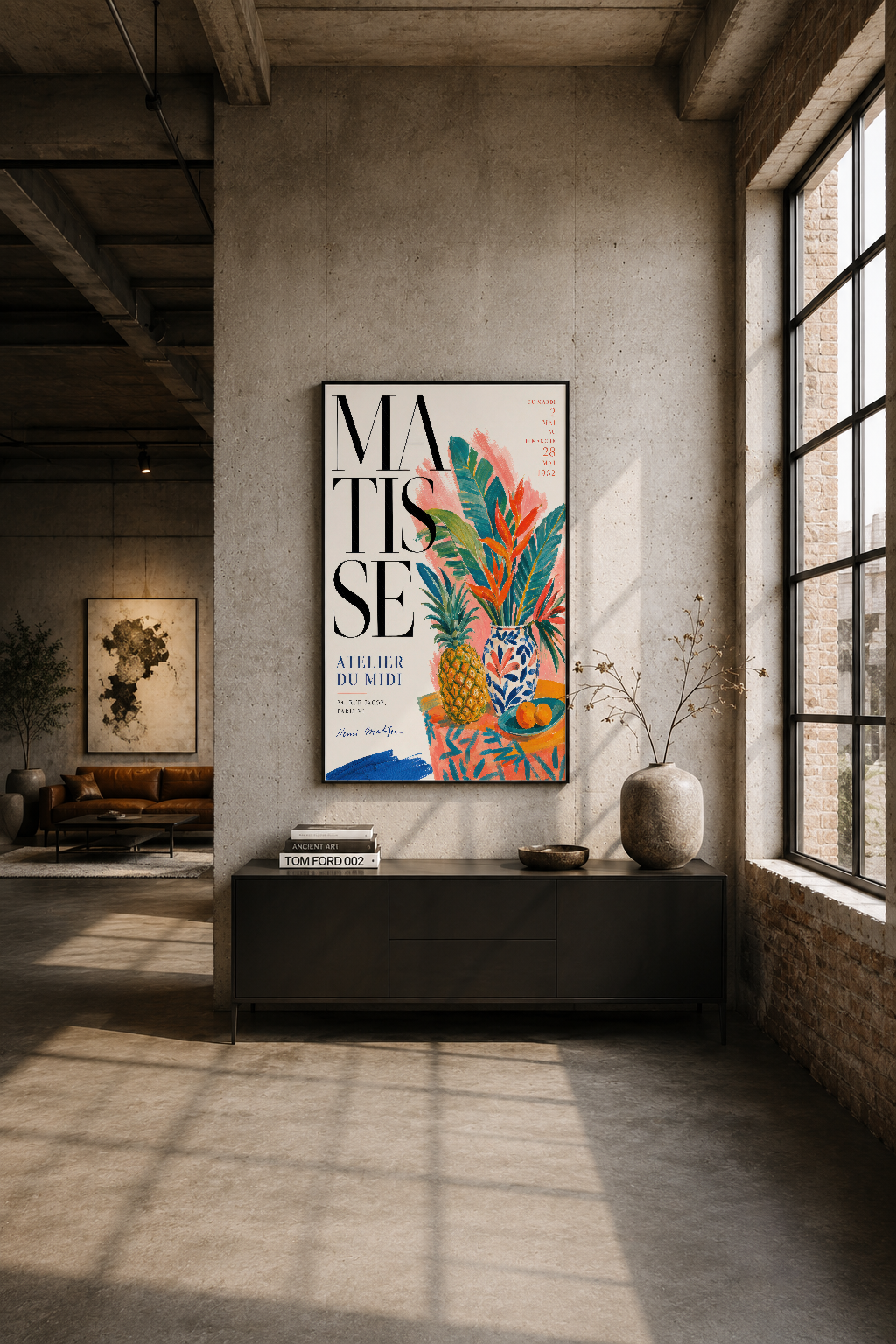 Endüstriyel loft odasında siyah çerçeveli duvar tablosu, Matisse sanat çalışmasını vurgulayan minimalist dekor.