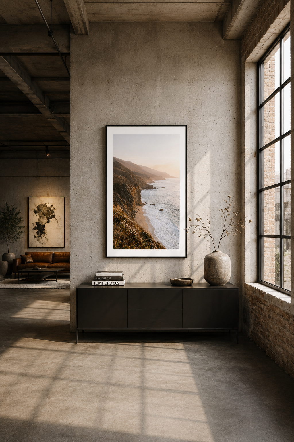 Modern loft stilinde beton duvarda asılan deniz kıyısı tablosu, minimalist dekorasyon aksanı