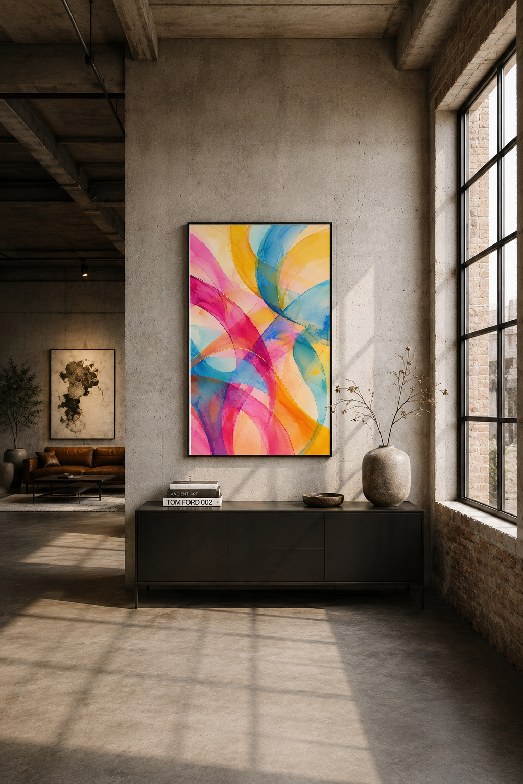 Endüstriyel loft tarzı odada siyah çerçeveli, çok renkli soyut desen taşıyan modern duvar tablosu.