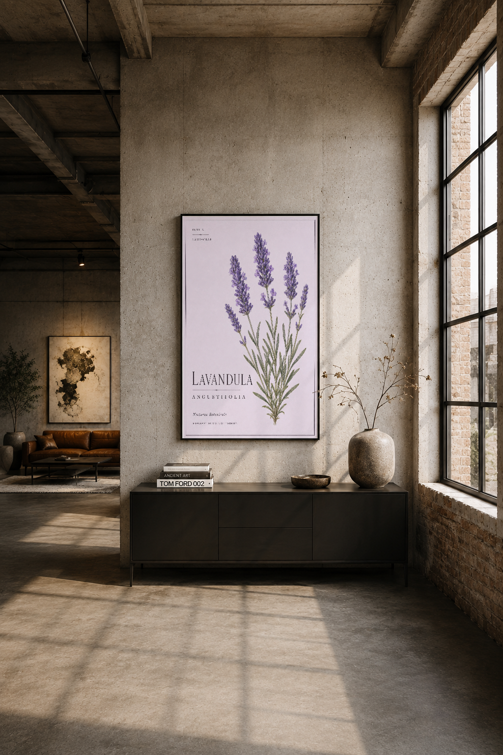 Endüstriyel loft tarzı odada, siyah çerçeveli lavanda tablosu duvarı süsleyen bir sanat parçası.