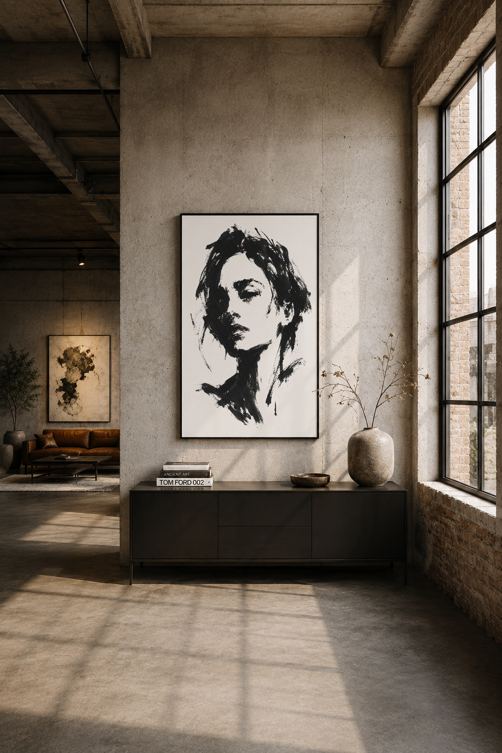 Endüstriyel loft tarzı odada, beton duvar üzerine asılı siyah beyaz portre tablosu, modern sanat.