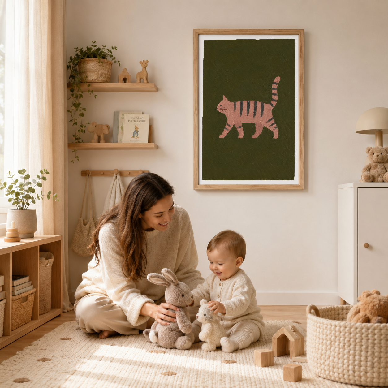 Çocuk odasında ahşap çerçeveli kedi posteri, oyuncak ve doğal dekorasyonla uyumlu