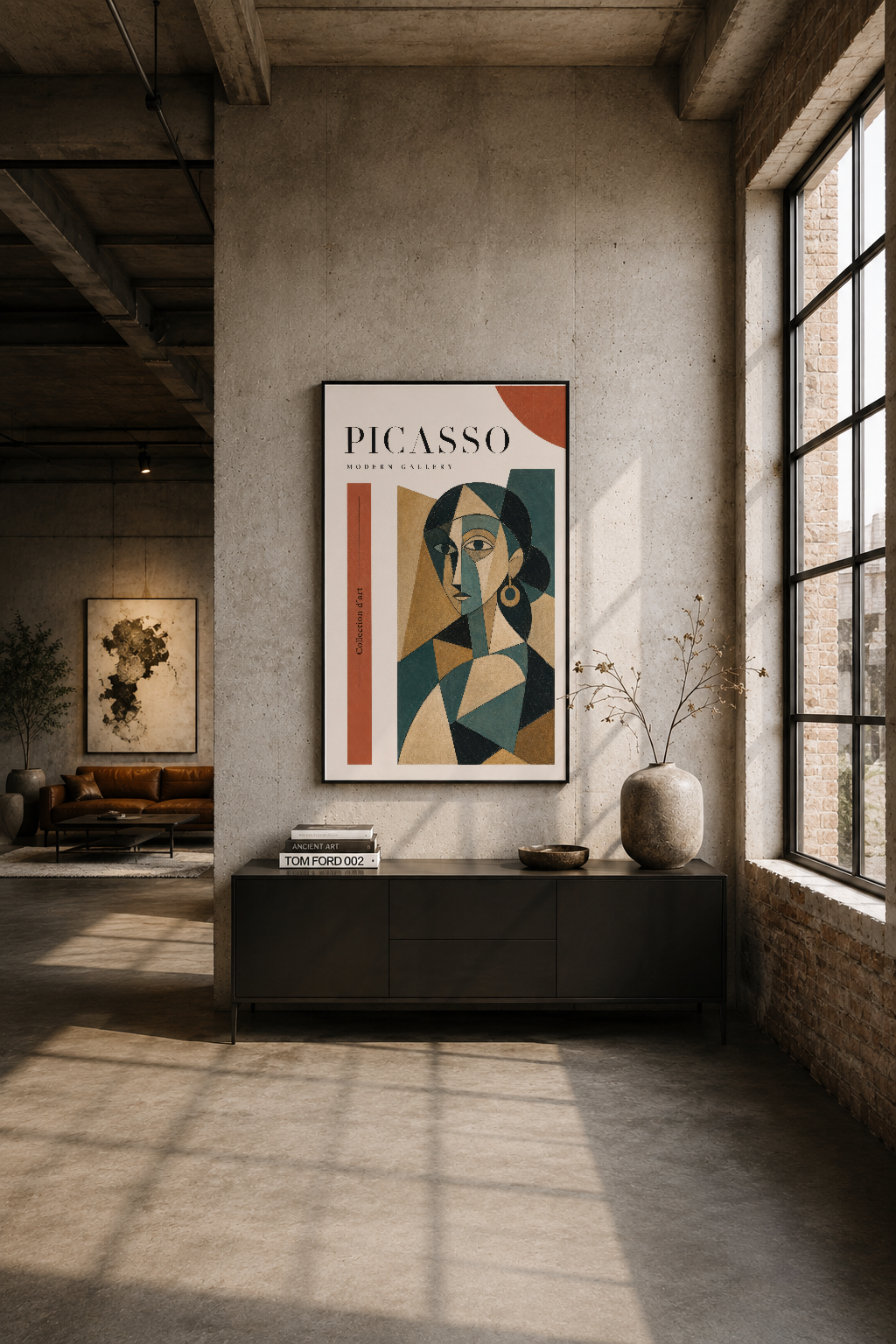 Picasso Modern Gallery posteri endüstriyel loft mekanında, betonlu duvarın üstünde asılı, minimalist dekoru tamamlayan tablo.