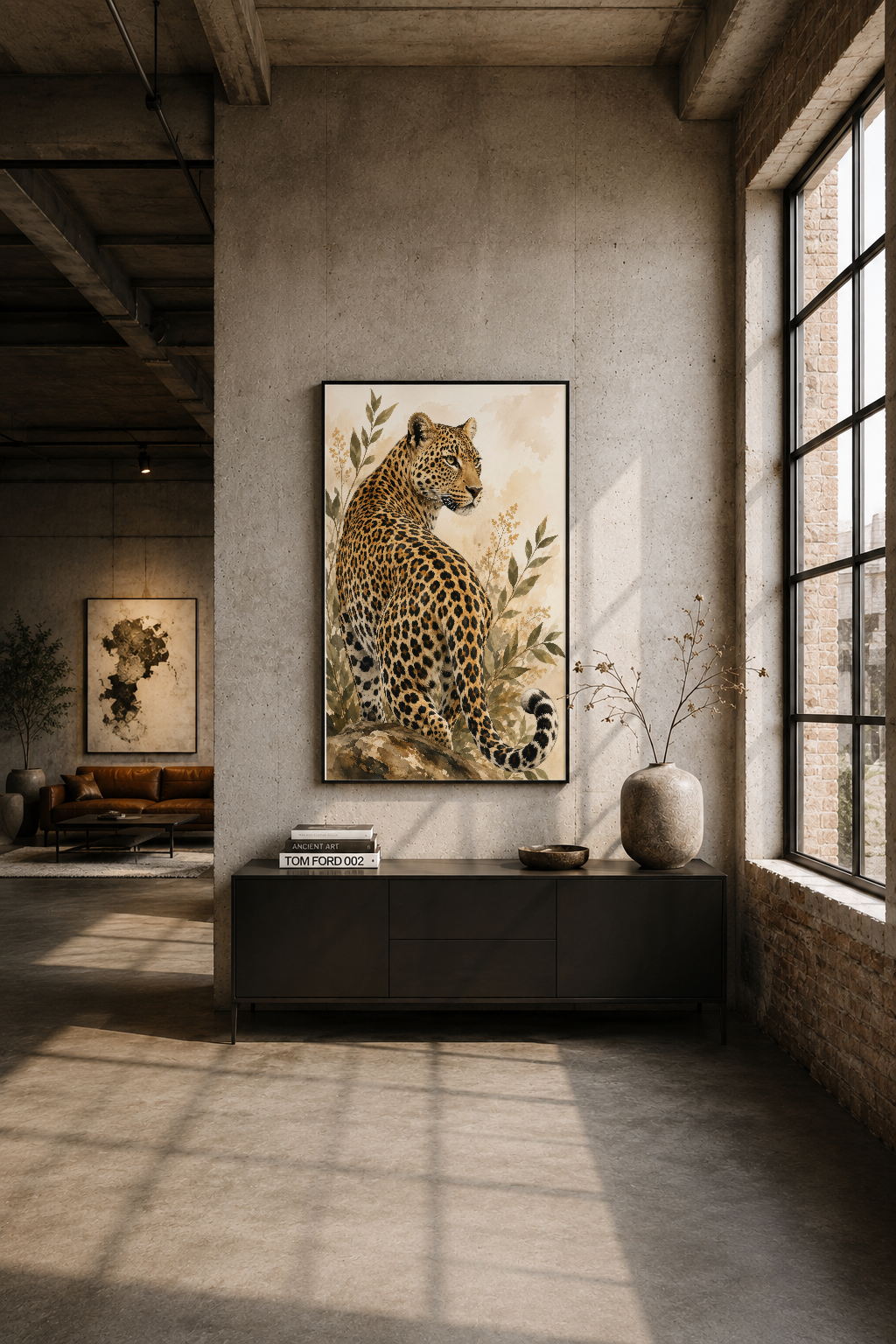 Endüstriyel loft tarzı mekanın soğuk duvarında, siyah çerçeveli leopar tablosu asılı, minimalist dekorasyon stilinde.