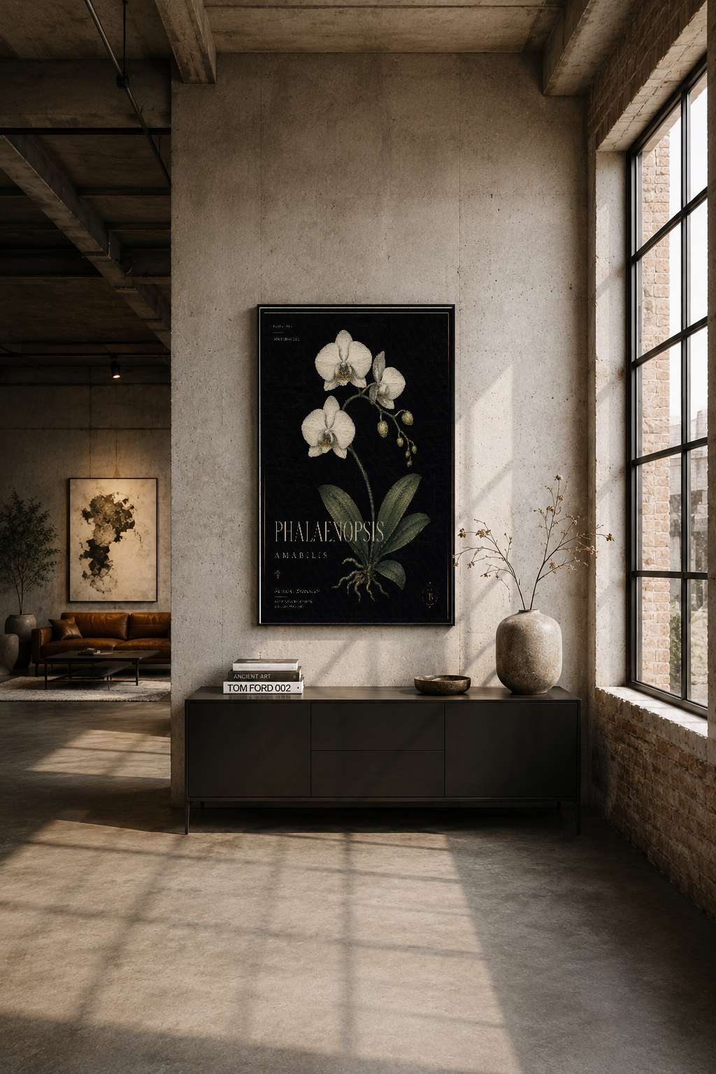 Modern endüstriyel loft ortamında duvar tarafı üzerine asılmış Phalaenopsis orkide tablosu, minimalist iç dekorasyonunda