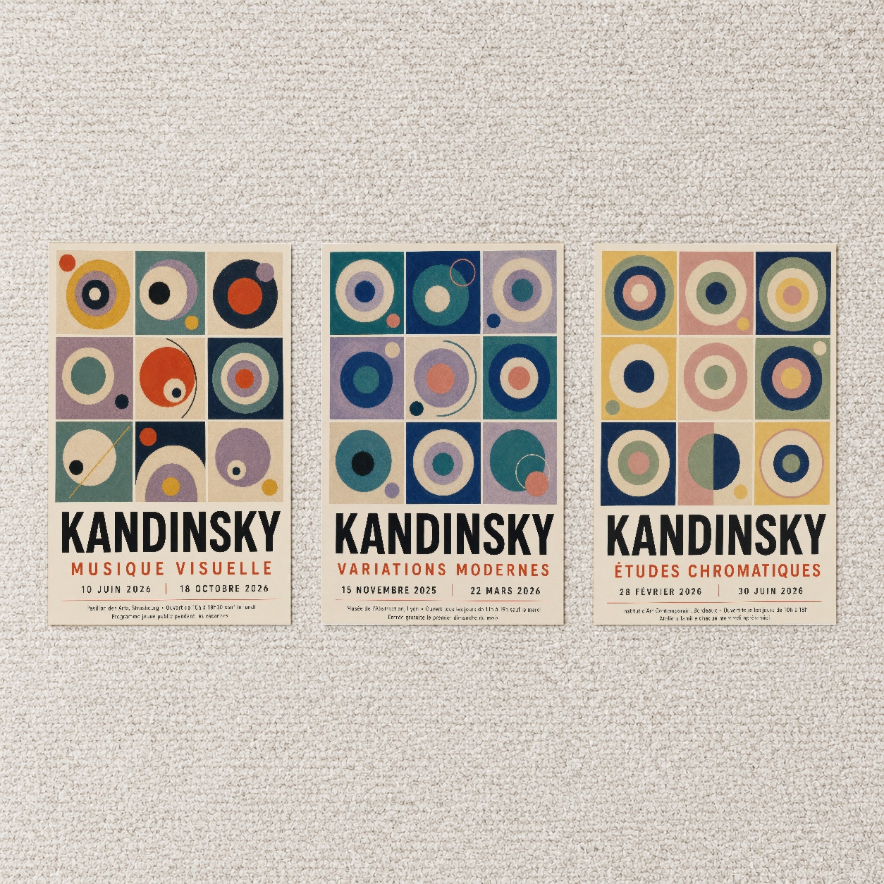Açık renkli halılı oda içinde üç parçalı Kandinsky tablo seti, sanat koleksiyonunun merkez noktası.