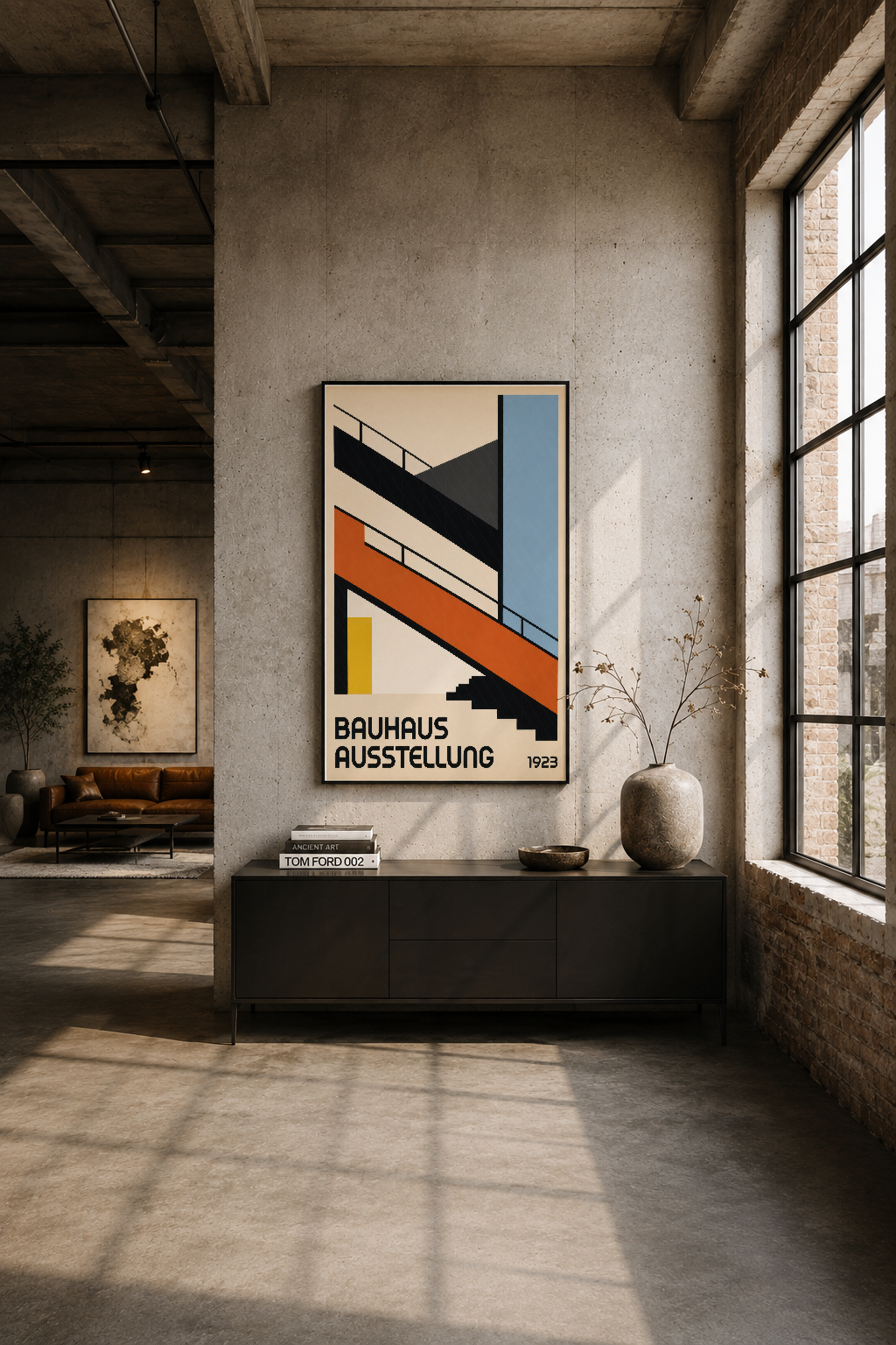 Modern loft odasında, beton duvar üzerinde asılı ikonik 1923 Bauhaus sergisi tasarım tablosu siyah çerçeveli.