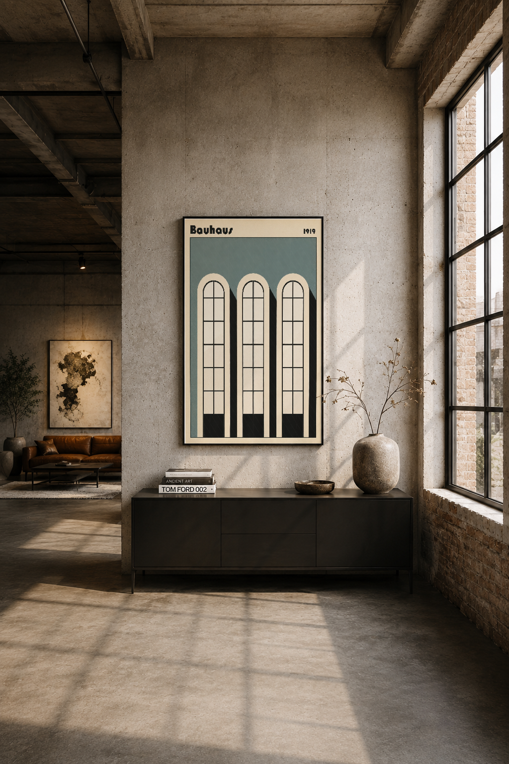Industrial loft ortamında, siyah konsol üzerinde Bauhaus pencerel tablosu, sade ve sofistike stil.