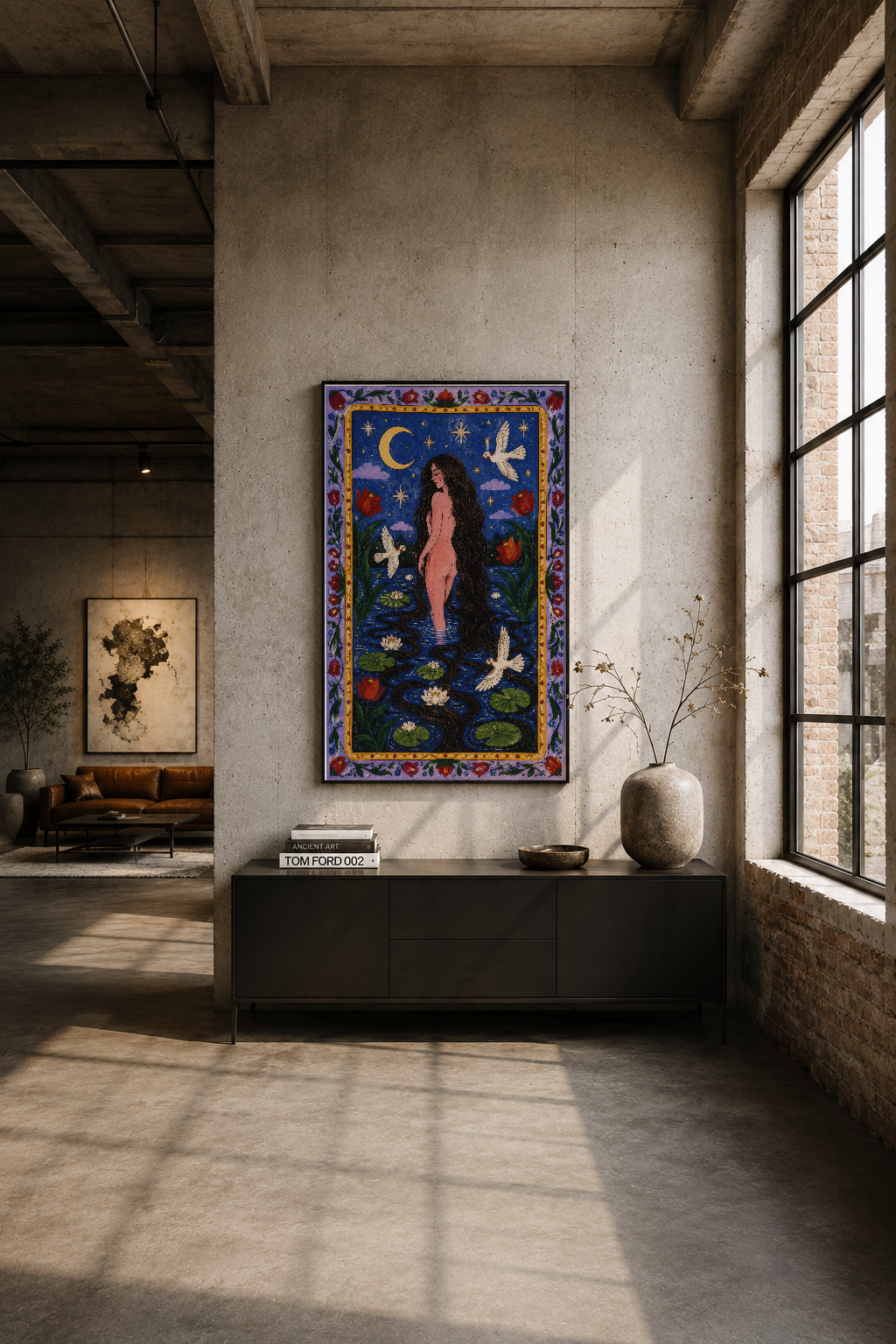 Endüstriyel loft mekanda, beton duvara asılı mistik kadın figürü ve kuş motifli renkli sanat tablosu.