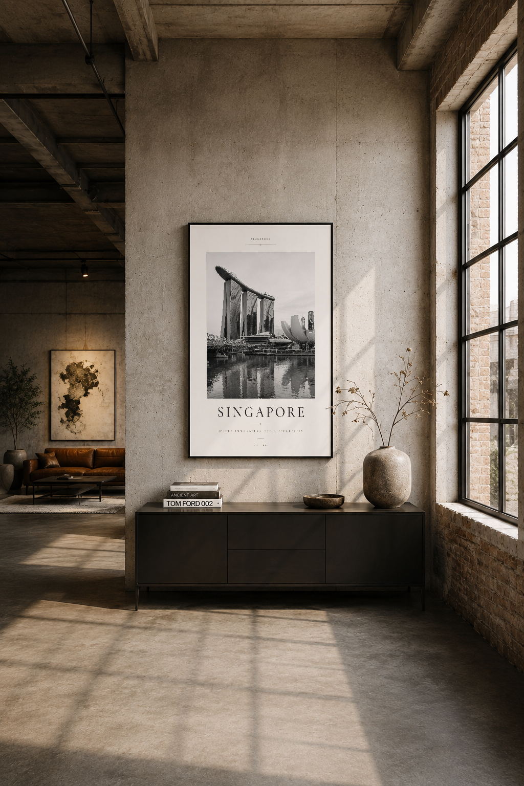Endüstriyel loft alanında, siyah çerçeveli Singapur tablosu minimum dekorasyonla güçlü görsel etkisi yaratıyor.